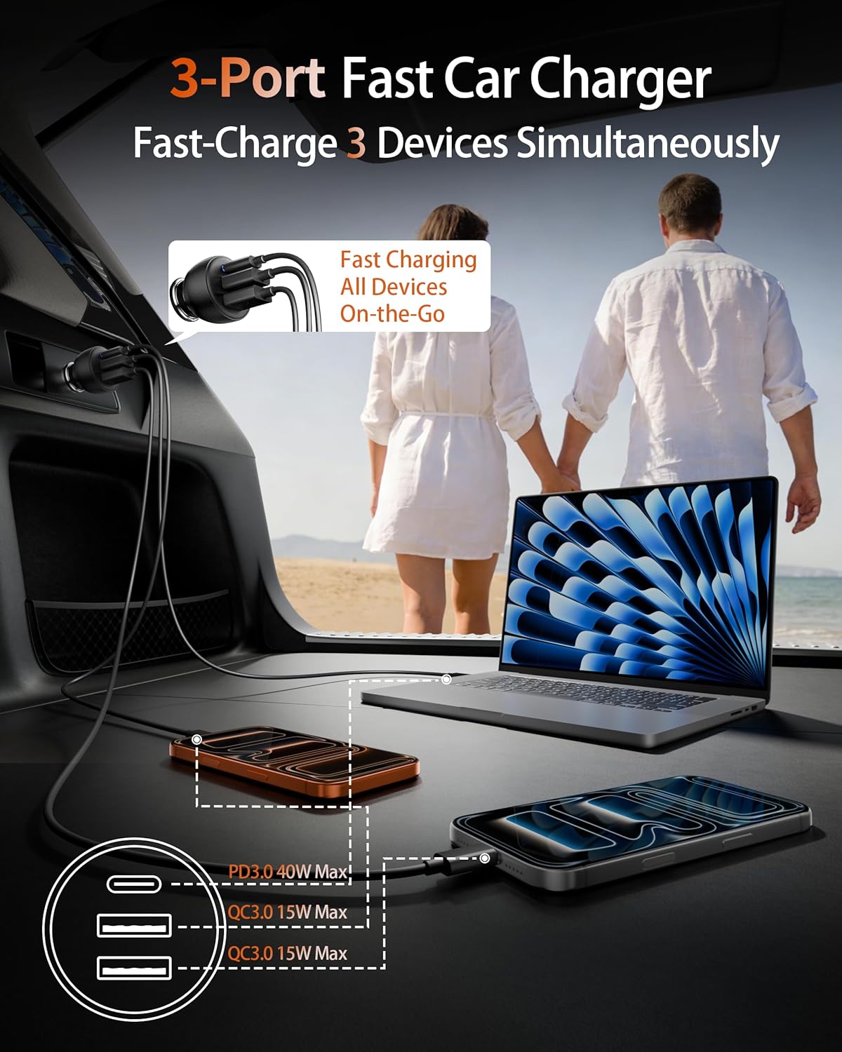 Thumbnail 2 de USB-C Car Charger 2-Pack (70W, 3-Port) with PD/QC Fast Charging for iPhone, iPad, Galaxy, Pixel & Android