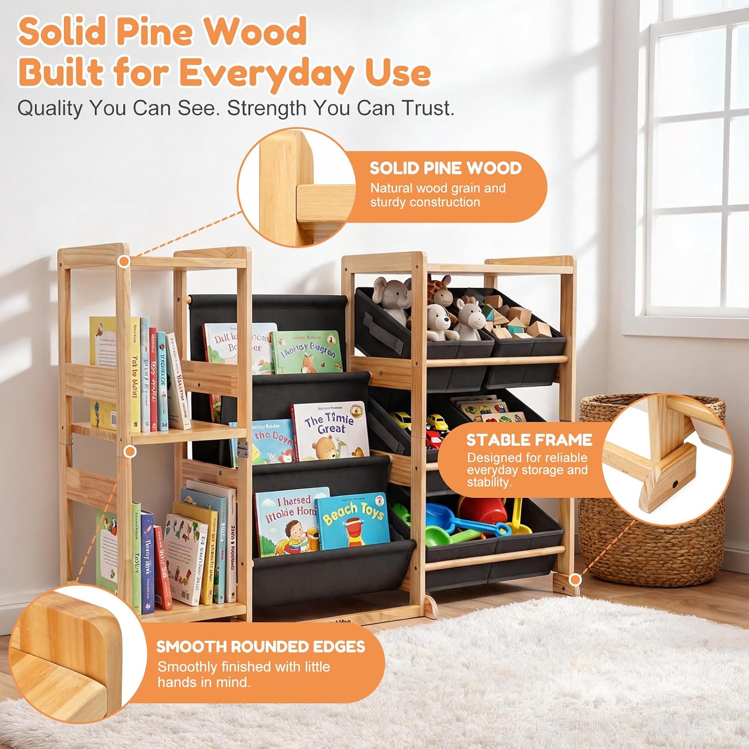 Detalle de Wobidoo Kids Bookshelf and Toy Storage Organizer, Solid Pine