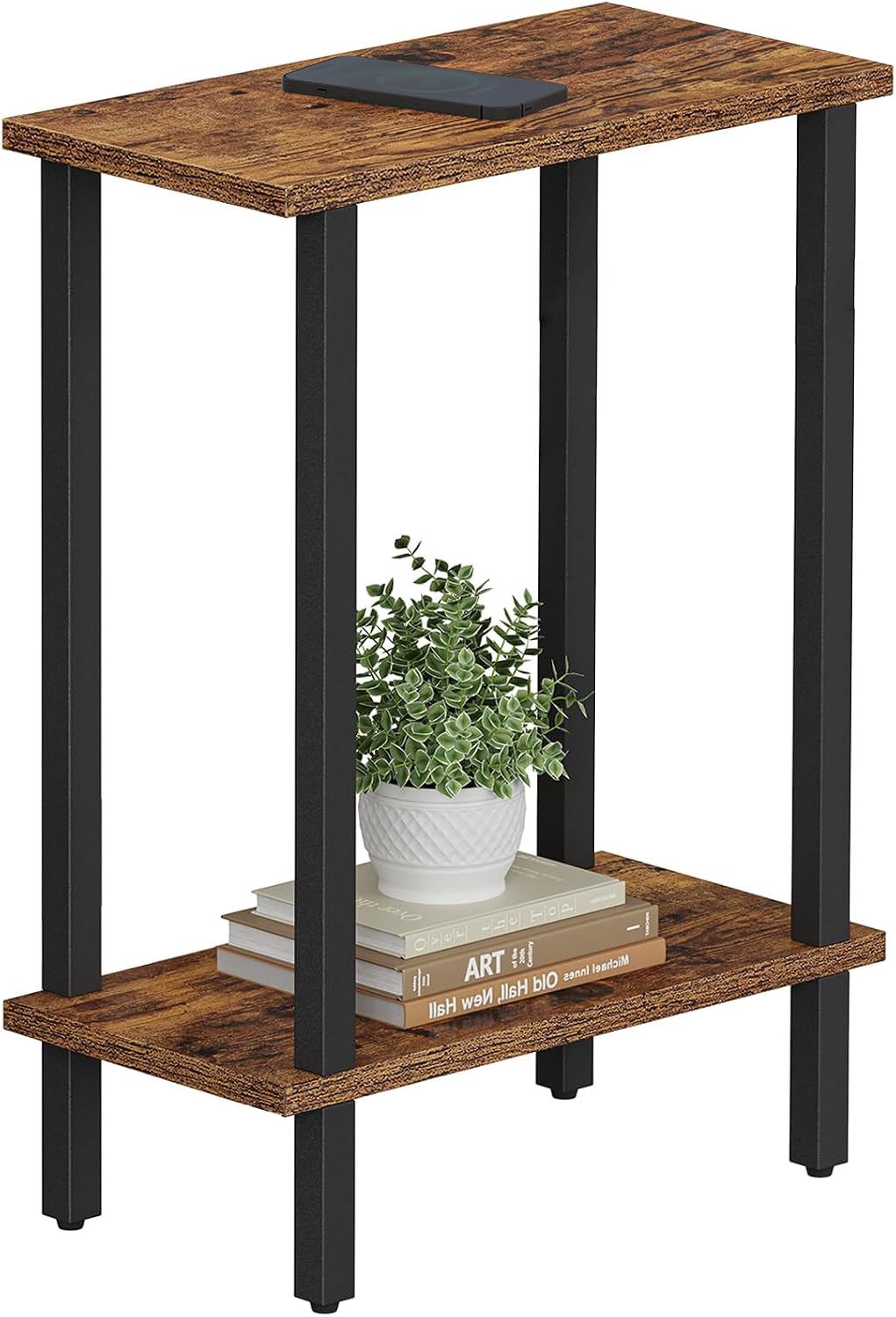 TUTOTAK Small Side Table (TB01BB062EU): Narrow, Slim Nightstand with 2-Tier Storage