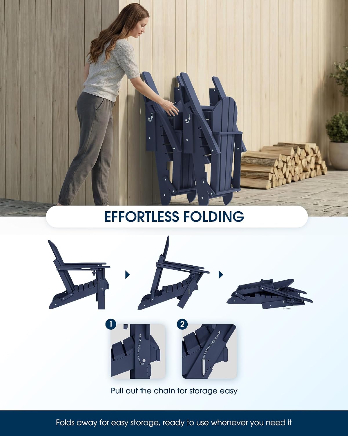 Detalle 2 de MUCHENGHY Folding Adirondack Chair, HDPE, Dark Navy Blue, 380 lb Capacity