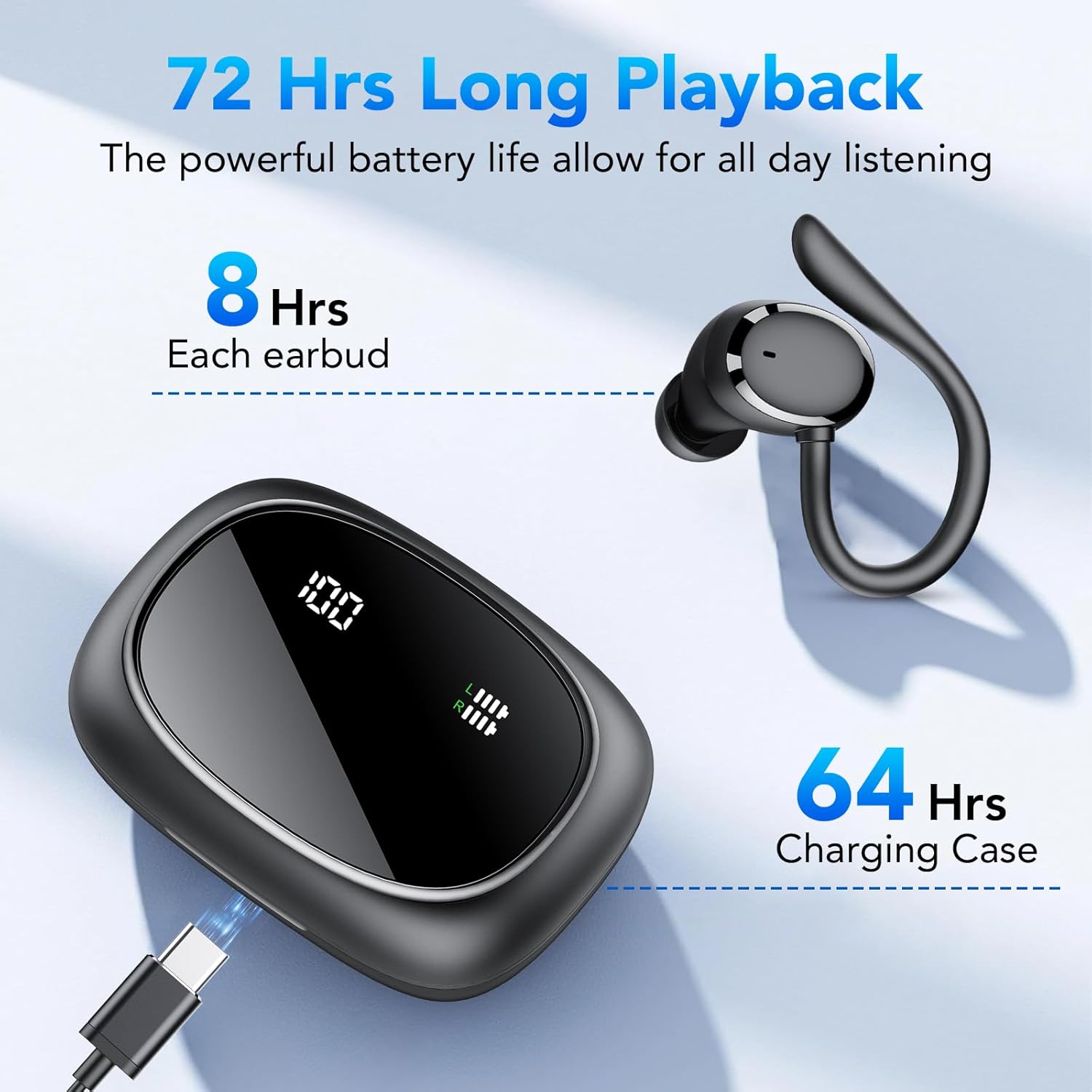 Thumbnail 2 de Ecouteurs Bluetooth Sport sans Fil – HiFi, ANC ENC et IPX7, affichage LED, 72H d’autonomie