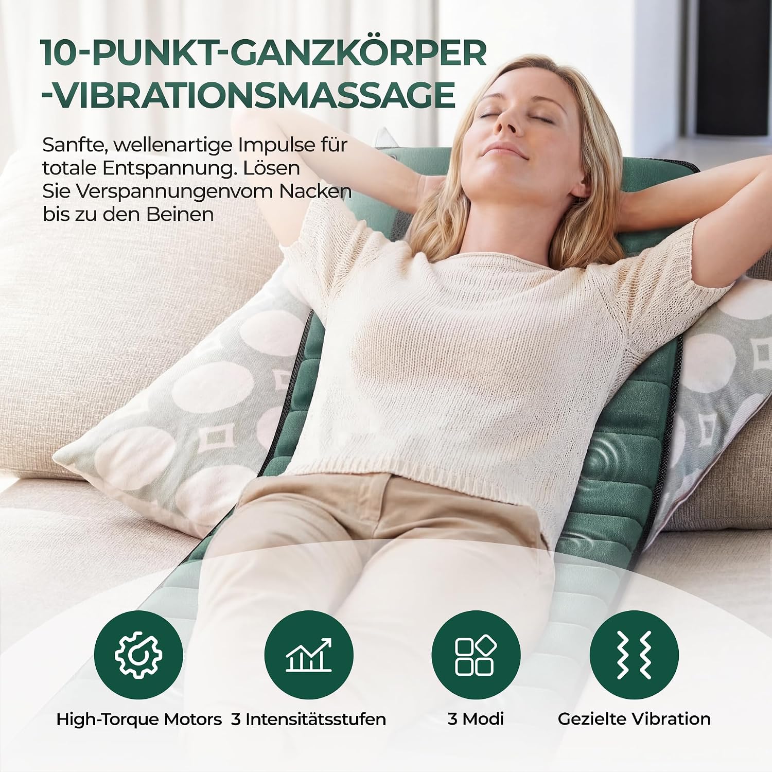 Detalle de Himouta Massagematte Ganzkörper mit Shiatsu-Nackenmassage & Wärme – 10 Vibrationsmotoren, Grün