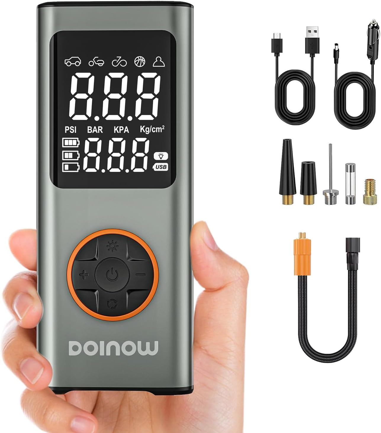 DOINOW Kabellose Fahrradpumpe Elektrisch – 150 PSI, 4 voreingestellte Modi, LED-Licht, USB-C Powerbank