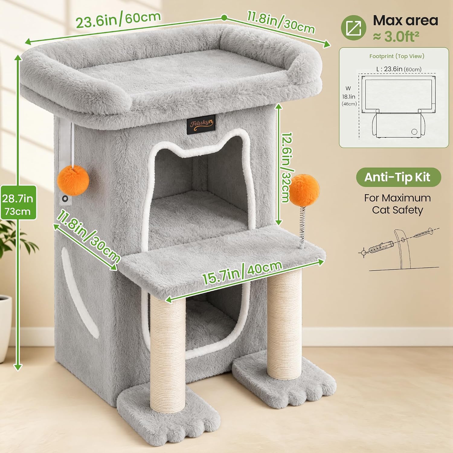 Detalle de Feliskyn 29-Inch Cat Tree with Two Condos, Sisal Scratching Posts and Perch