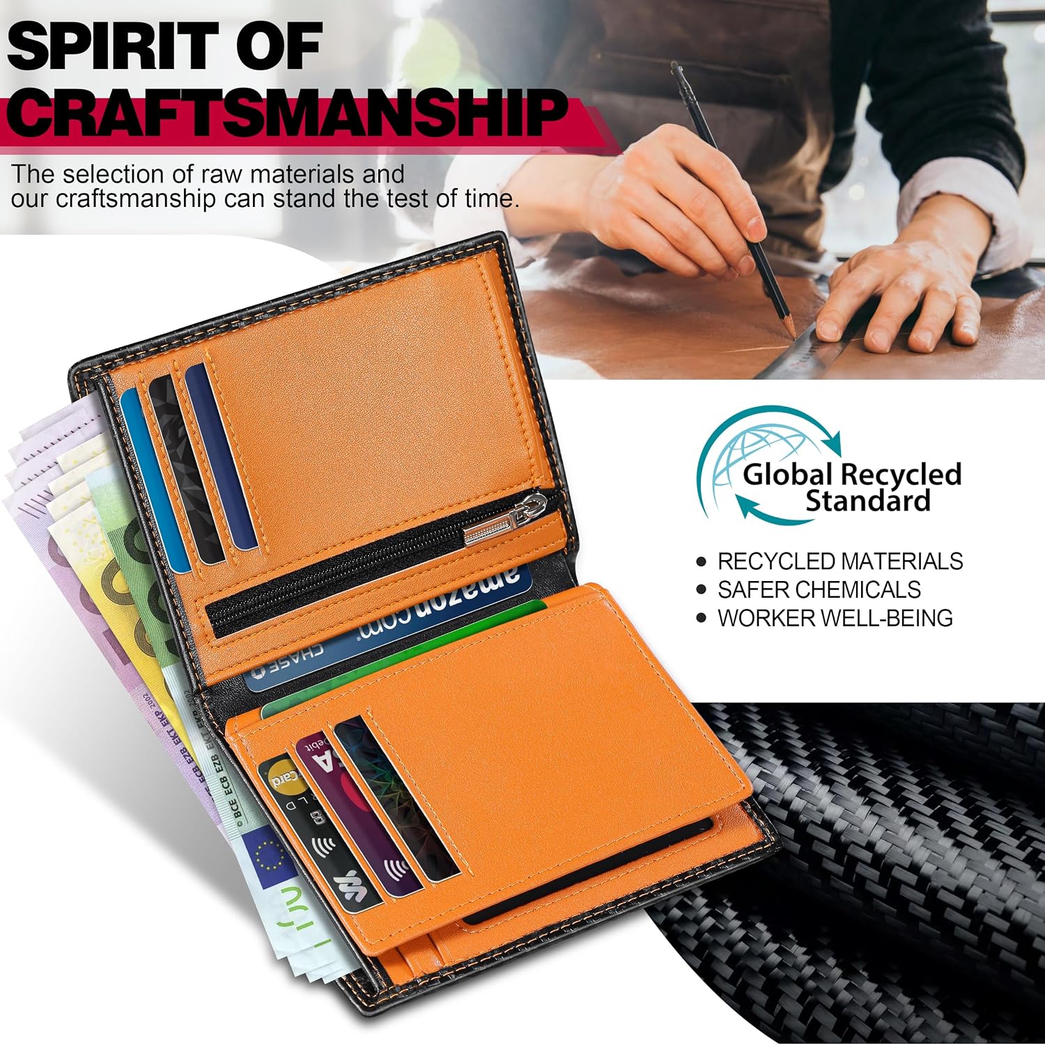 Detalle de TEEHON men’s RFID blocking carbon fibre wallet (bifold, black & orange) with 12 card slots