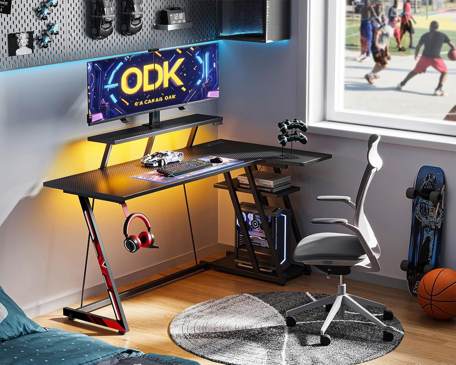 Thumbnail 6 de ODK Gaming Desk with LED Lights, 2 Power Outlets & 140CM L-Shaped Monitor Stand (Carbon Fibre Black)