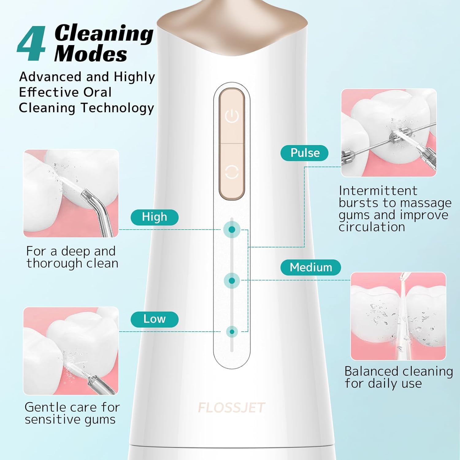 Detalle de FlossJet FlossJet idropulsore dentale portatile con 4 modalità e serbatoio 300 ml, ricaricabile IPX7