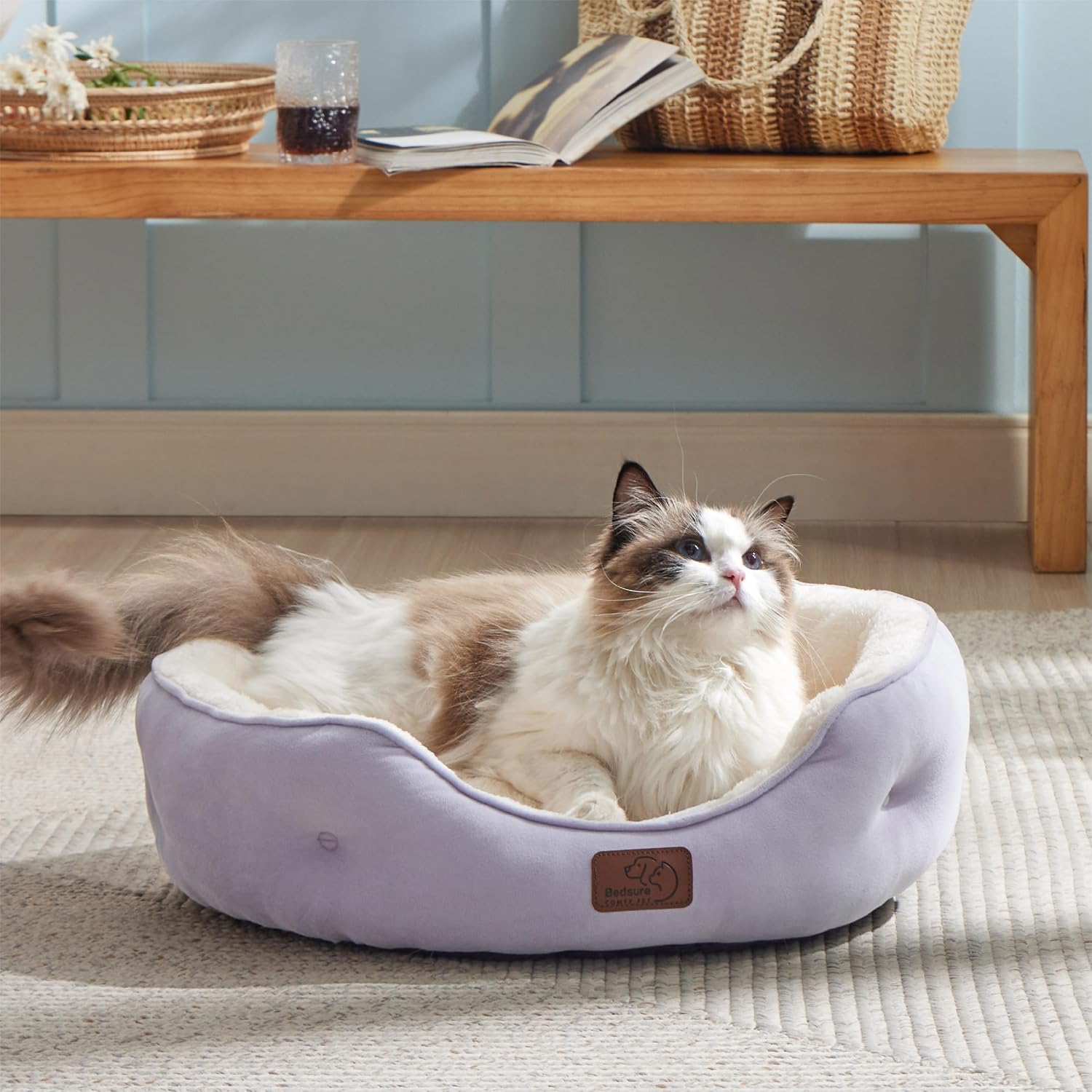 Detalle de Bedsure B0P1E00U0M00 Round Pet Bed, Sherpa Fleece, Misty Lilac