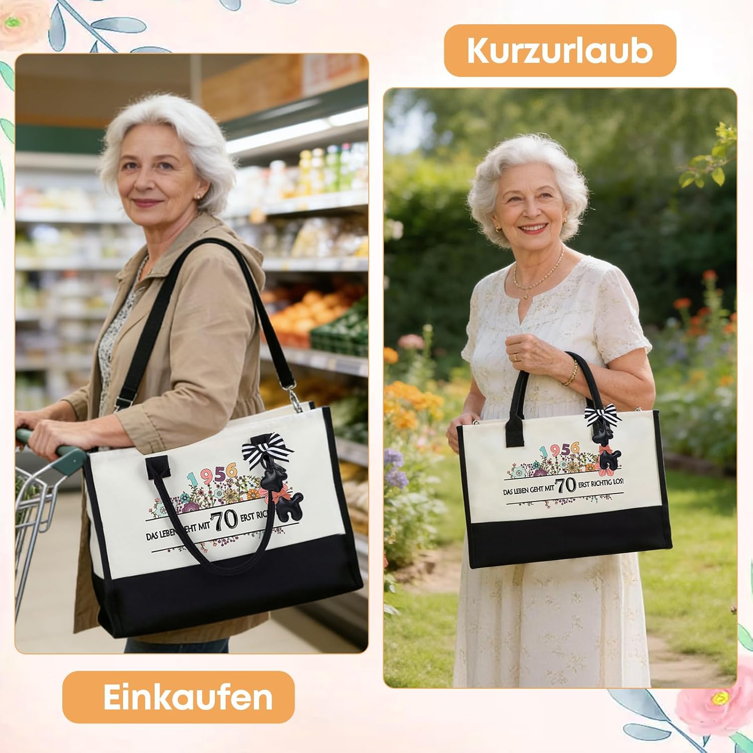 Detalle de Seutgjie Canvas Einkaufstasche Set zum 70. Geburtstag für Frau – Vintage Design mit Glückwunschkarte