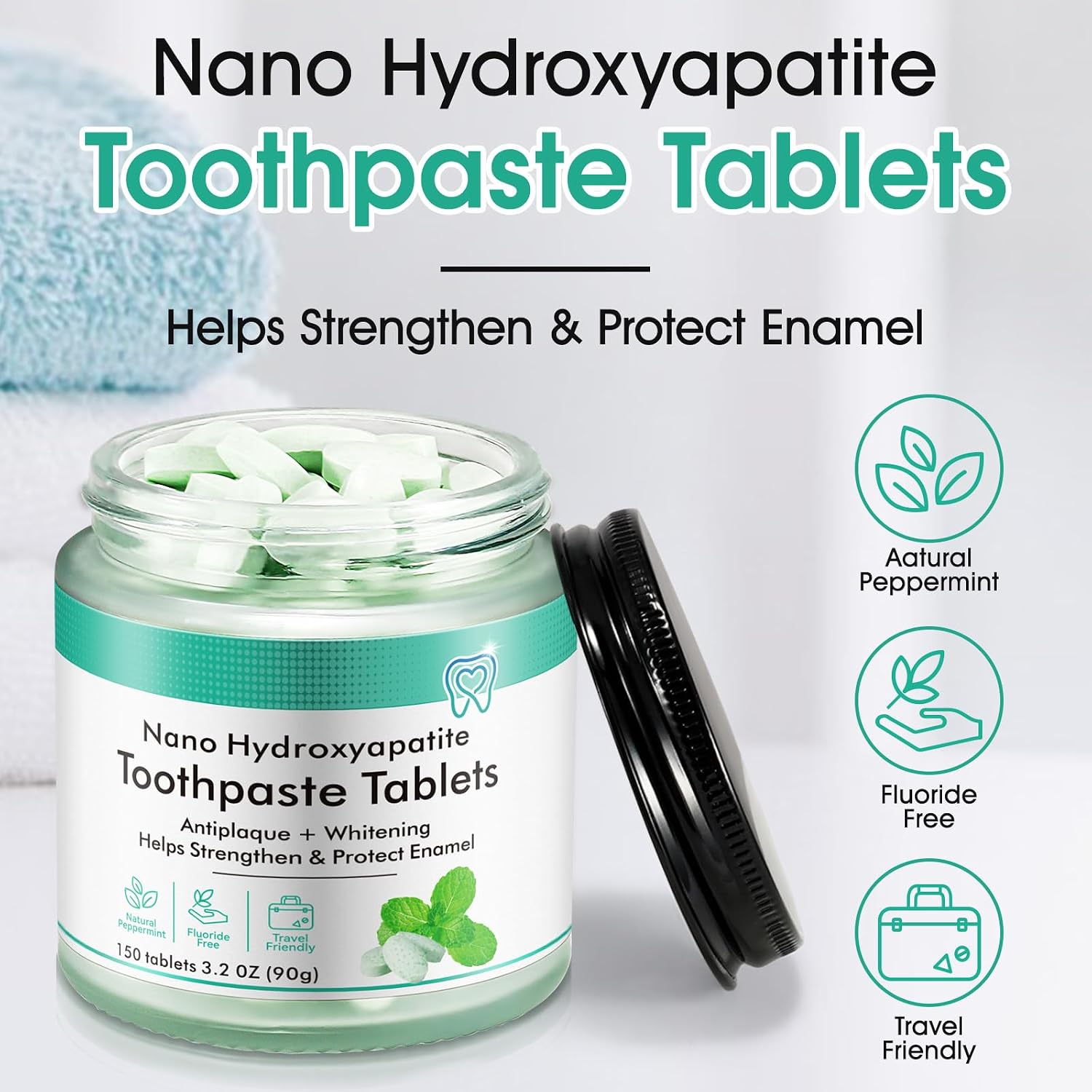 Detalle de YEMFGQOE Chewable Toothpaste Tablets, 150 Count, Peppermint with Nano-Hydroxyapatite