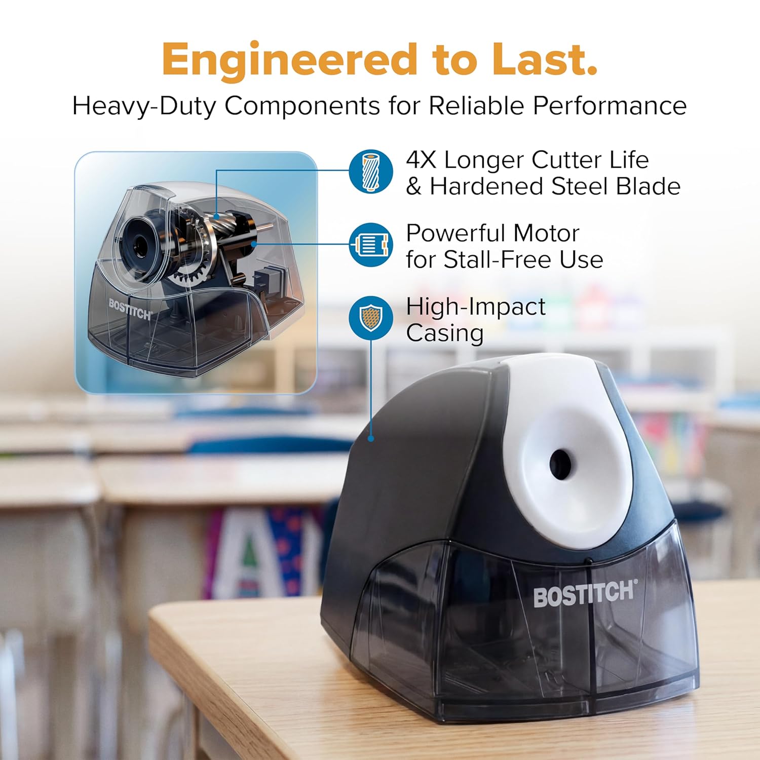 Detalle de Bostitch Office Electric Pencil Sharpener (Heavy Duty, Stall-Free Motor) with High-Capacity Shavings Tray, Black