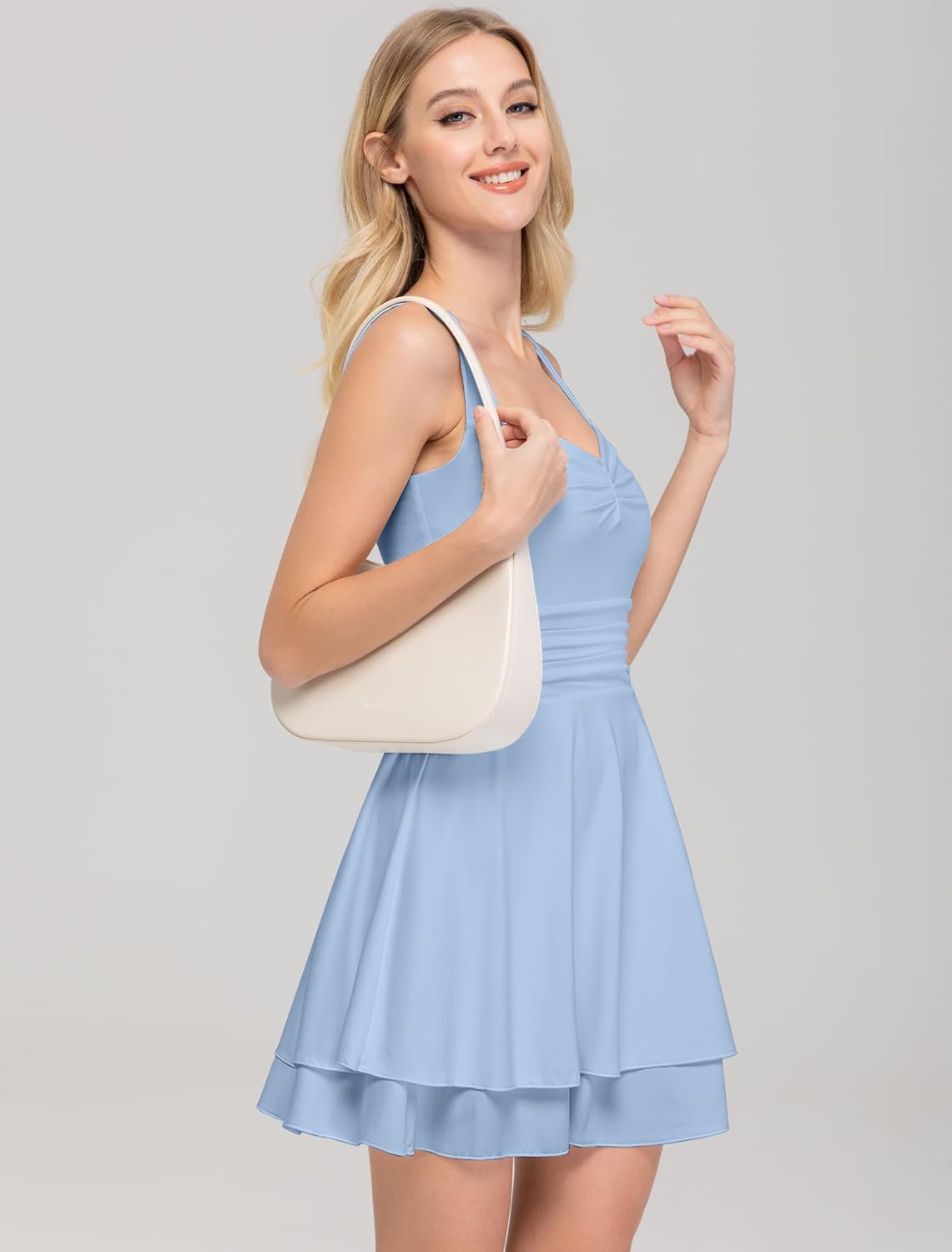 Thumbnail 2 de IWD Women's Square Neck Sleeveless Mini Dress with Ruched Waist and Tiered Hem