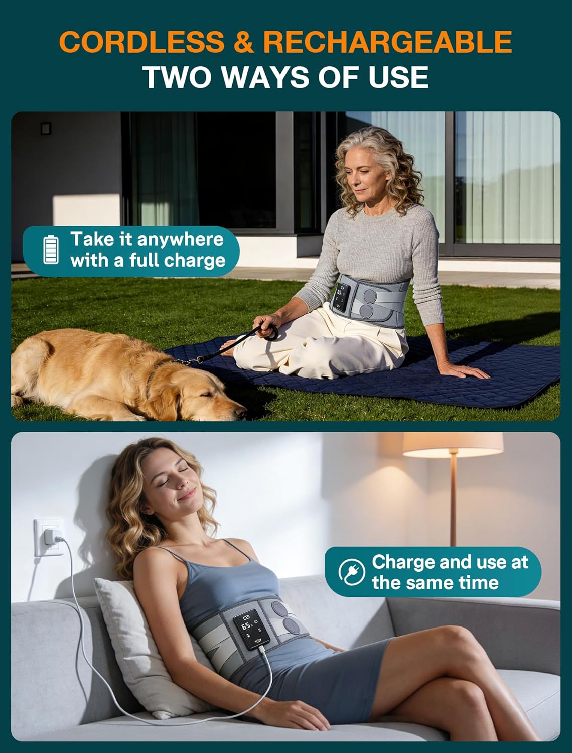 Detalle de ALLJOY Cordless Heat Pad for Back Pain Relief (170cm) with 3 Heat Settings & 5 Vibration Modes