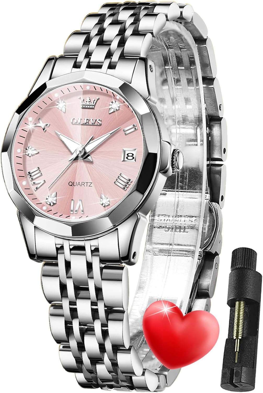 Detalle de OLEVS Damenuhr Quarz mit Diamant-Indexen, Edelstahlarmband, 30m Wasserdicht – Geschenkqualität