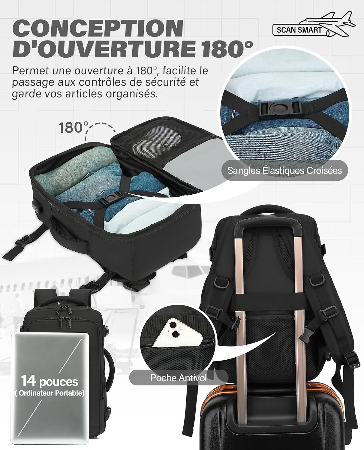 Detalle de VANKEV Bagage Cabine 40x20x25 cm – Sac à dos cabine 20 L pour Ryanair, ordinateur 14 pouces, noir
