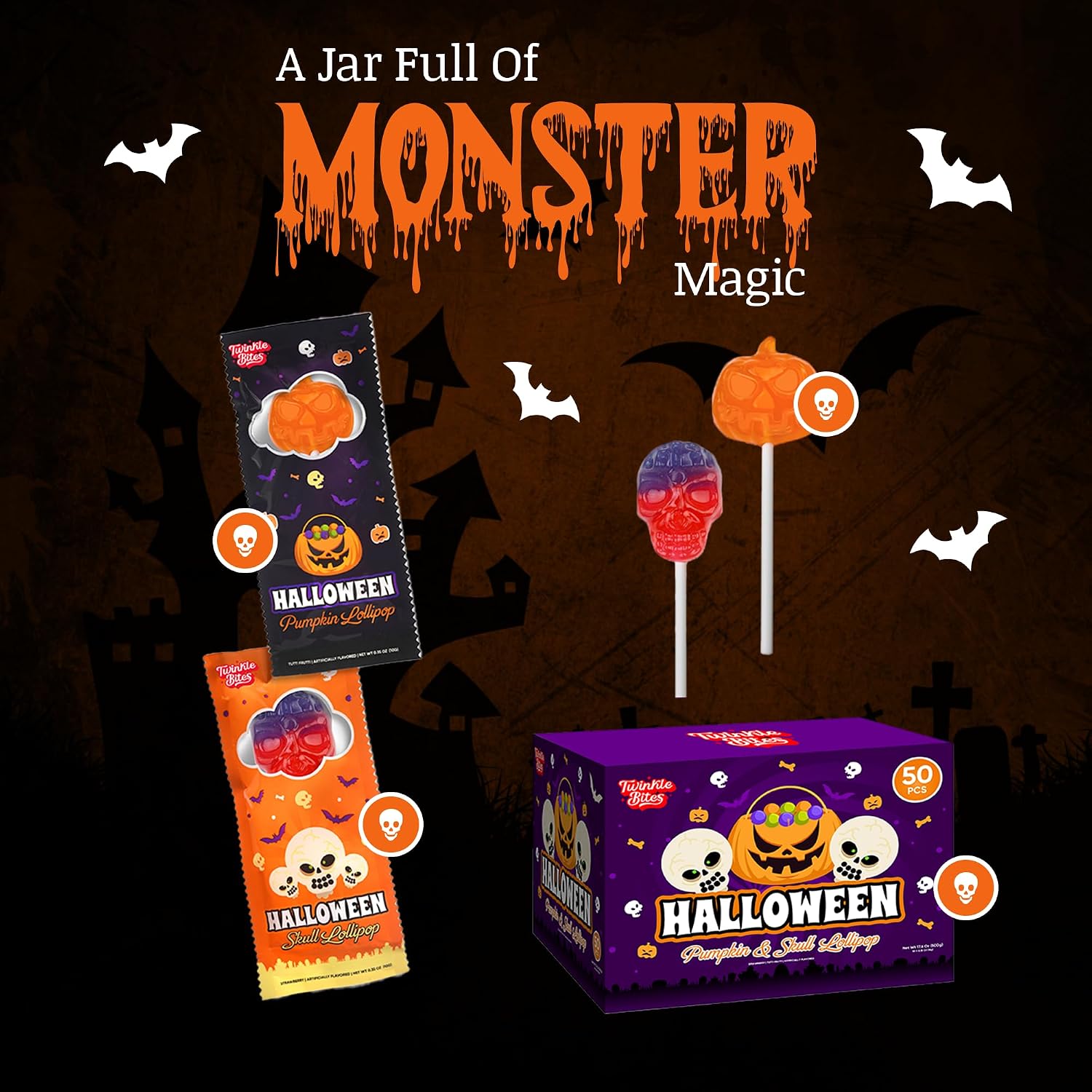 Detalle 2 de Twinkle Bites Halloween Lollipops, 100-Pack, Wrapped Pumpkin & Skull Designs