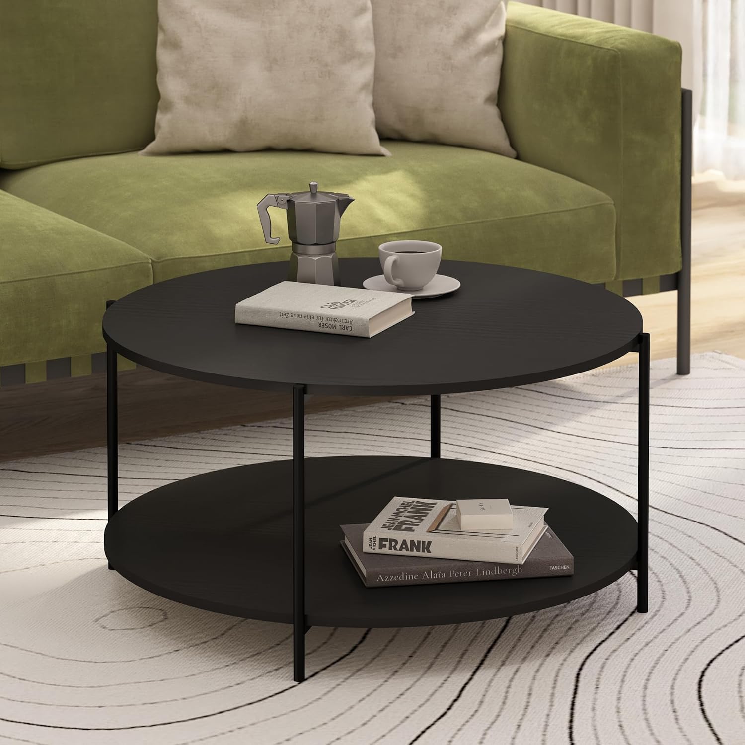 Detalle de Furinno BESI Tavolino da caffè rotondo a 2 livelli con vano contenitore e gambe in metallo – Americano scuro