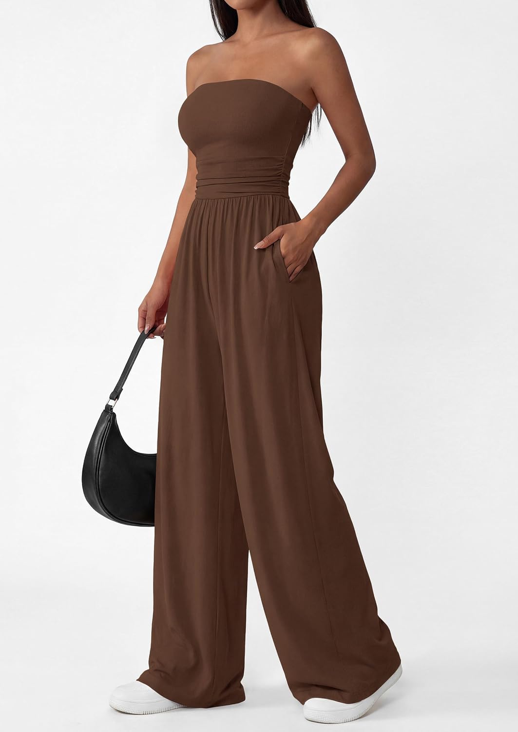 Detalle de PRETTYGARDEN Women's Trendy Strapless Romper (2026) Ruched Tube Top Wide-Leg Jumpsuit