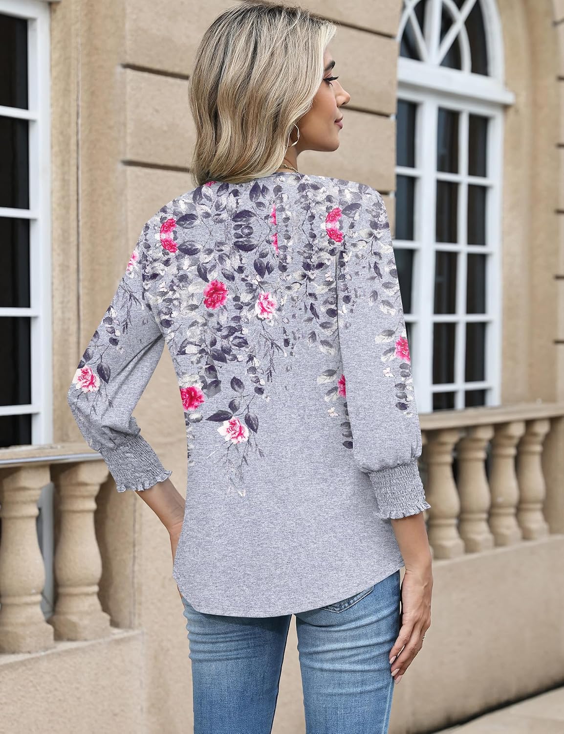 Detalle 2 de Rapbin Damen Bluse mit 3/4-Ärmeln, V-Ausschnitt und Knopfleiste – leichte Tunika für Sommer & Alltag