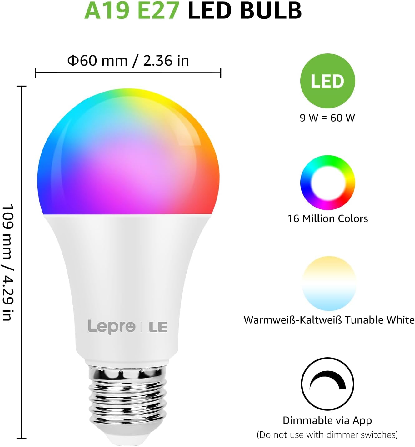 Thumbnail 4 de Lepro 9W E27 LED Lampe mit Bluetooth App-Steuerung – RGBW, 16 Farben, 2700K–Kaltweiß, dimmbar, Gruppensteuerung