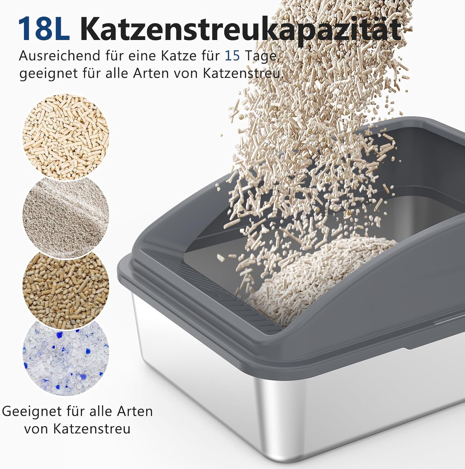 Detalle de FURTIME Litière pour Chat en Acier Inoxydable 18 L avec Pelle et Bac Latéral à Paroi Haute