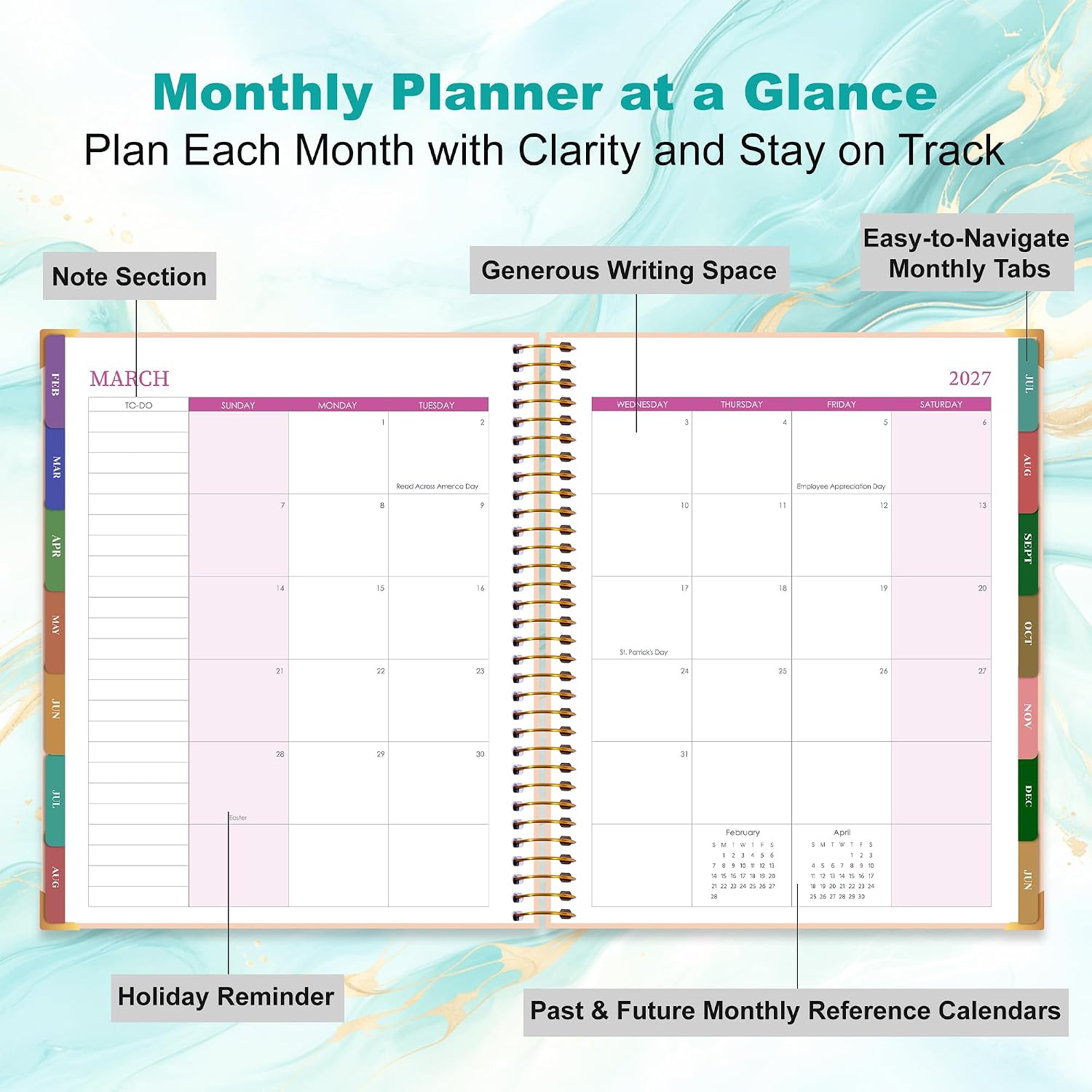 Detalle de CAGIE 2026–2027 Planner, 15-Month Monthly & Weekly, 8.5" x 11", Green Marble