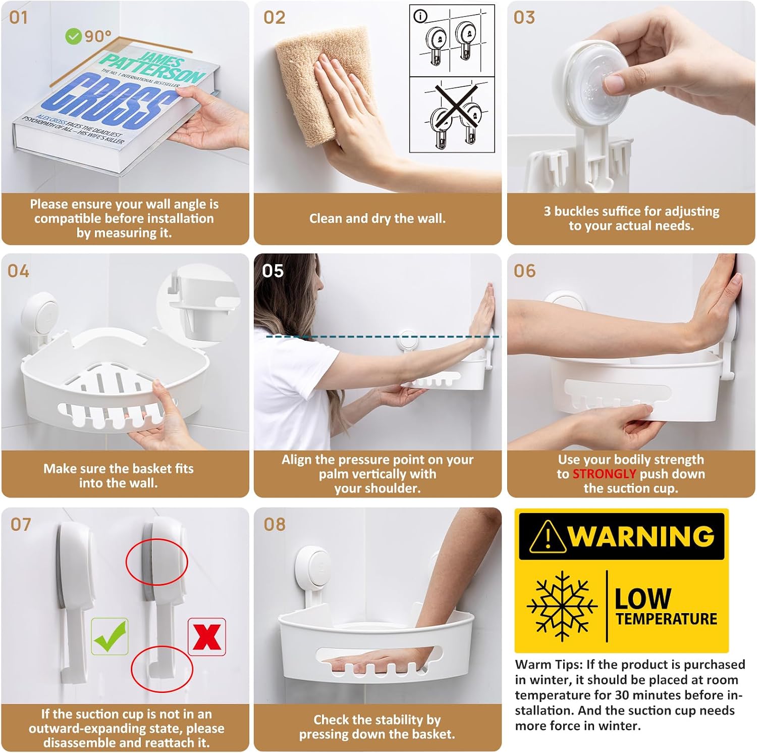 Thumbnail 6 de LEVERLOC Corner Shower Caddy Suction Cup 2 Pack (Triangle Shelf, No Drilling) – White