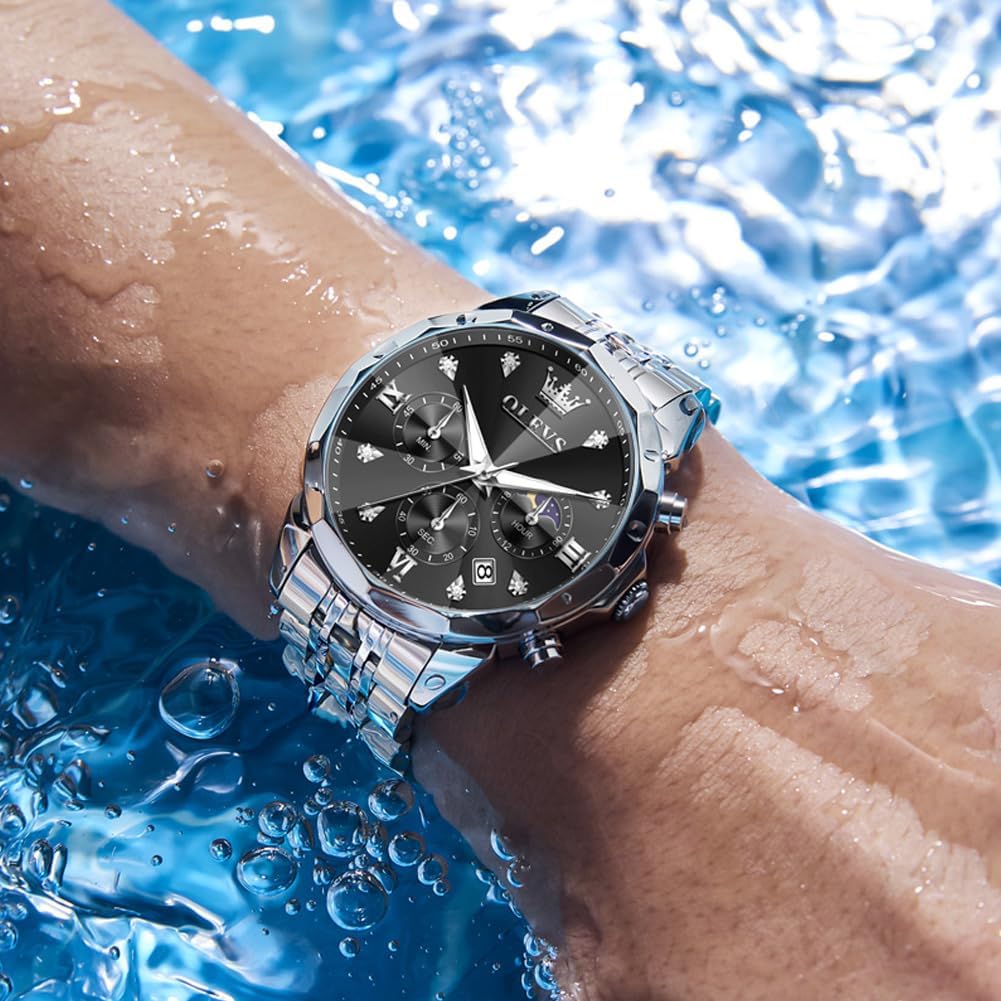 Detalle de OLEVS Herren Uhr Quarz „Luxus Business“ mit Chronograph, Mondphase, Datum und Edelstahlarmband