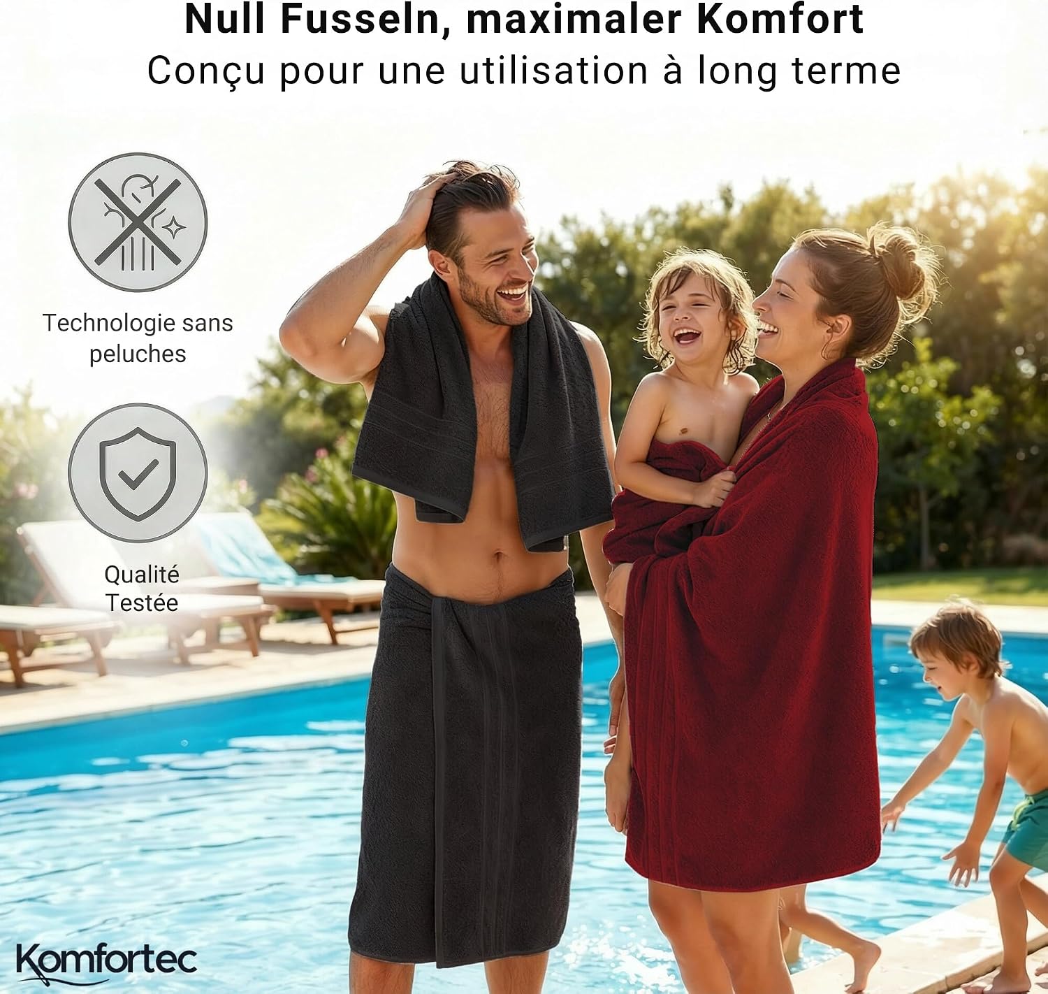Detalle de Komfortec Lot de 2 Serviettes de Sauna 80 x 200 cm – 100% Coton XXL Noir/Rouge