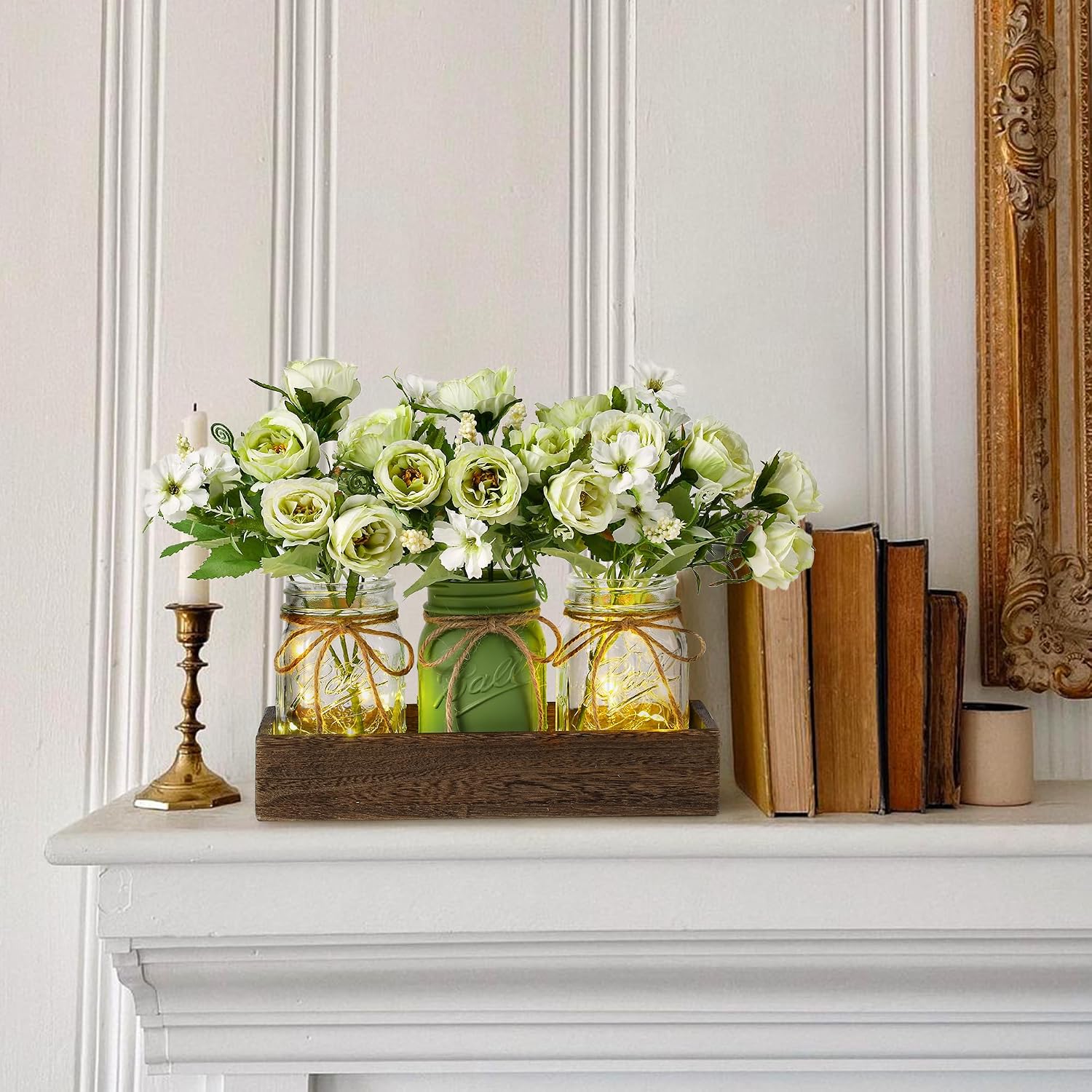 Detalle de DUOER MSG-L Rustic Farmhouse Centerpiece with Wood Tray, Mason Jars & LED Light