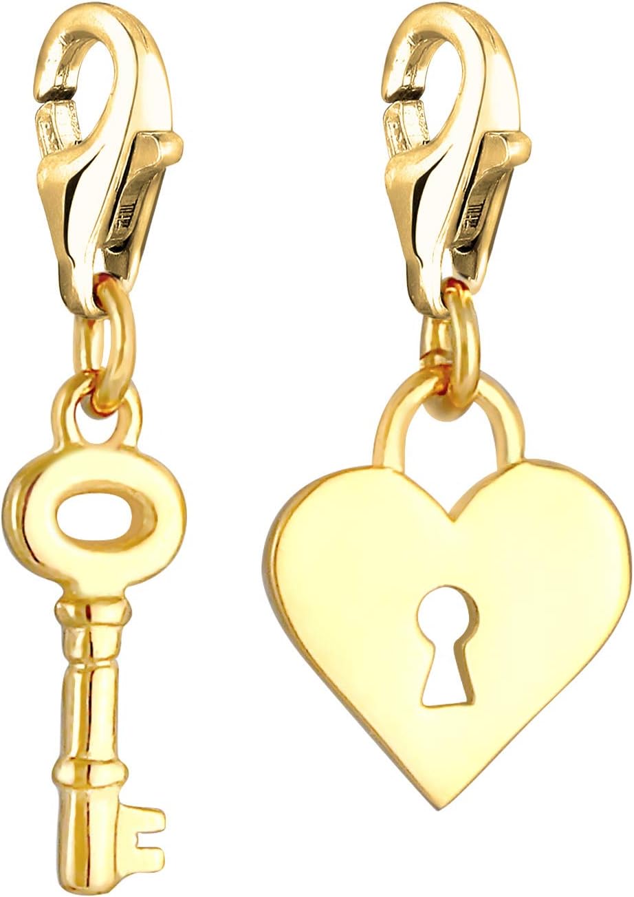 Detalle 2 de Nenalina Schlüssel & Schloss Charm Anhänger aus 925 Sterling Silber vergoldet für Damen (Herz-Schloss, mit Karabiner)