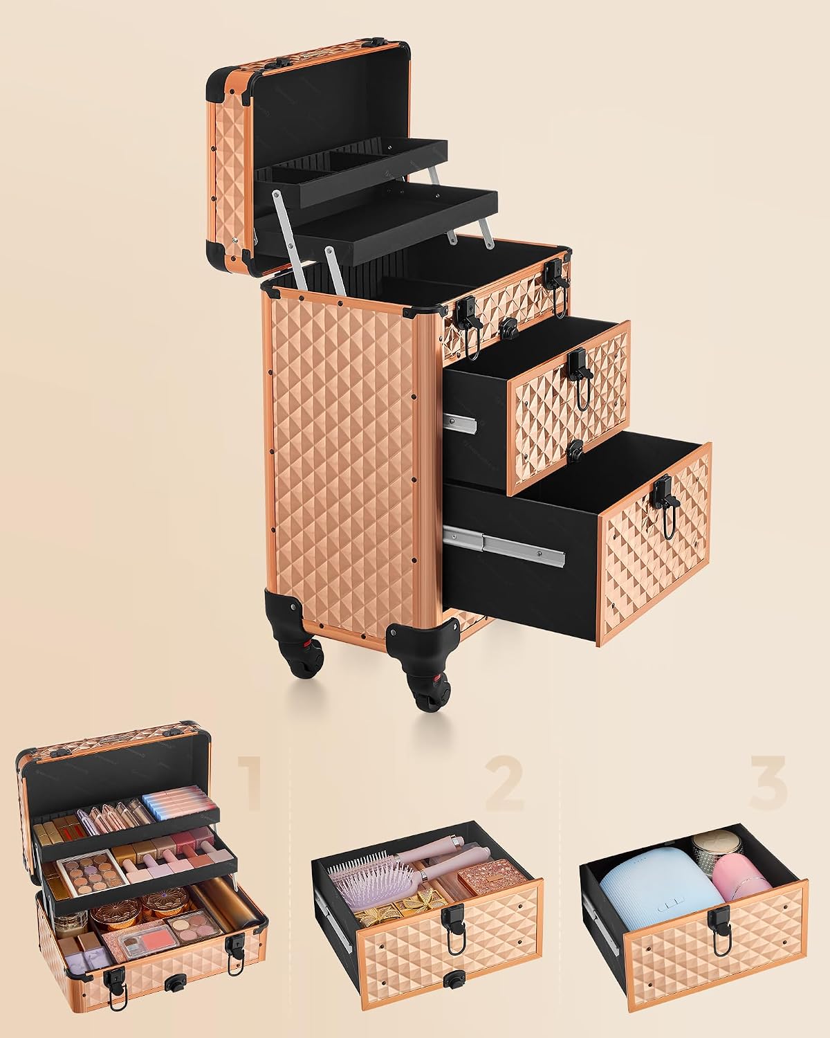 Thumbnail 2 de SONGMICS Cosmetic Suitcase with Wheels, Champagne Gold, 34 x 24 x 56 cm