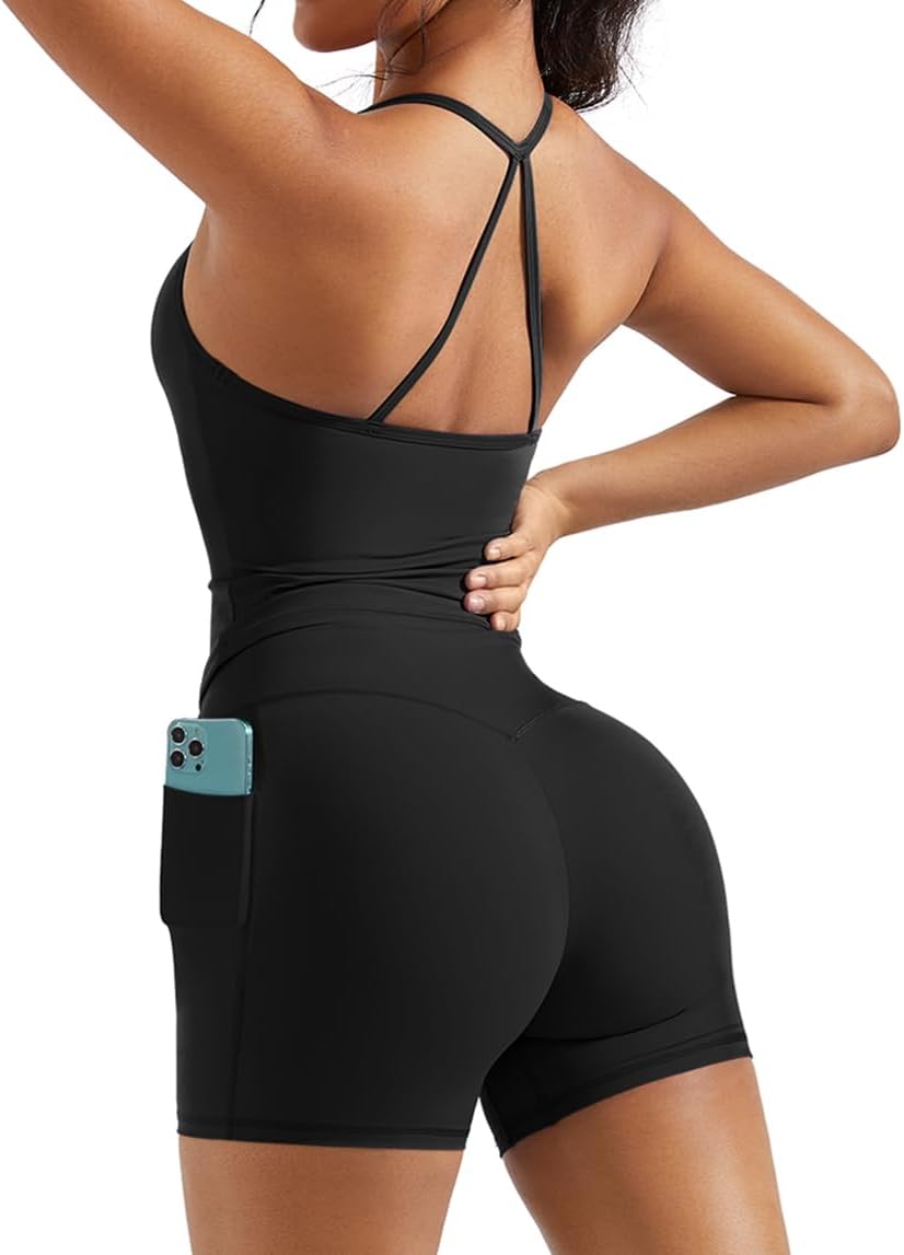 OMKAGI 2 Piece Workout Set for Women: Padded Sports Bra Tank + Scrunch Shorts with Pockets