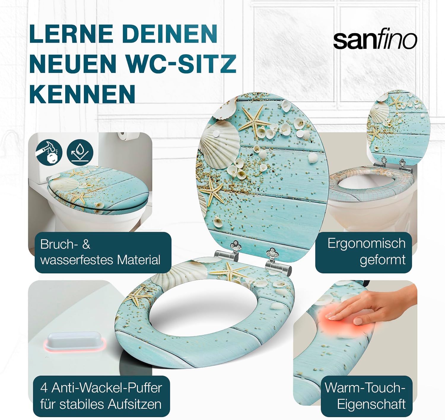 Detalle de SANFINO Premium WC-Sitz mit Absenkautomatik – Holzkern, Caribbean Blue, 43,5 x 37,5 cm