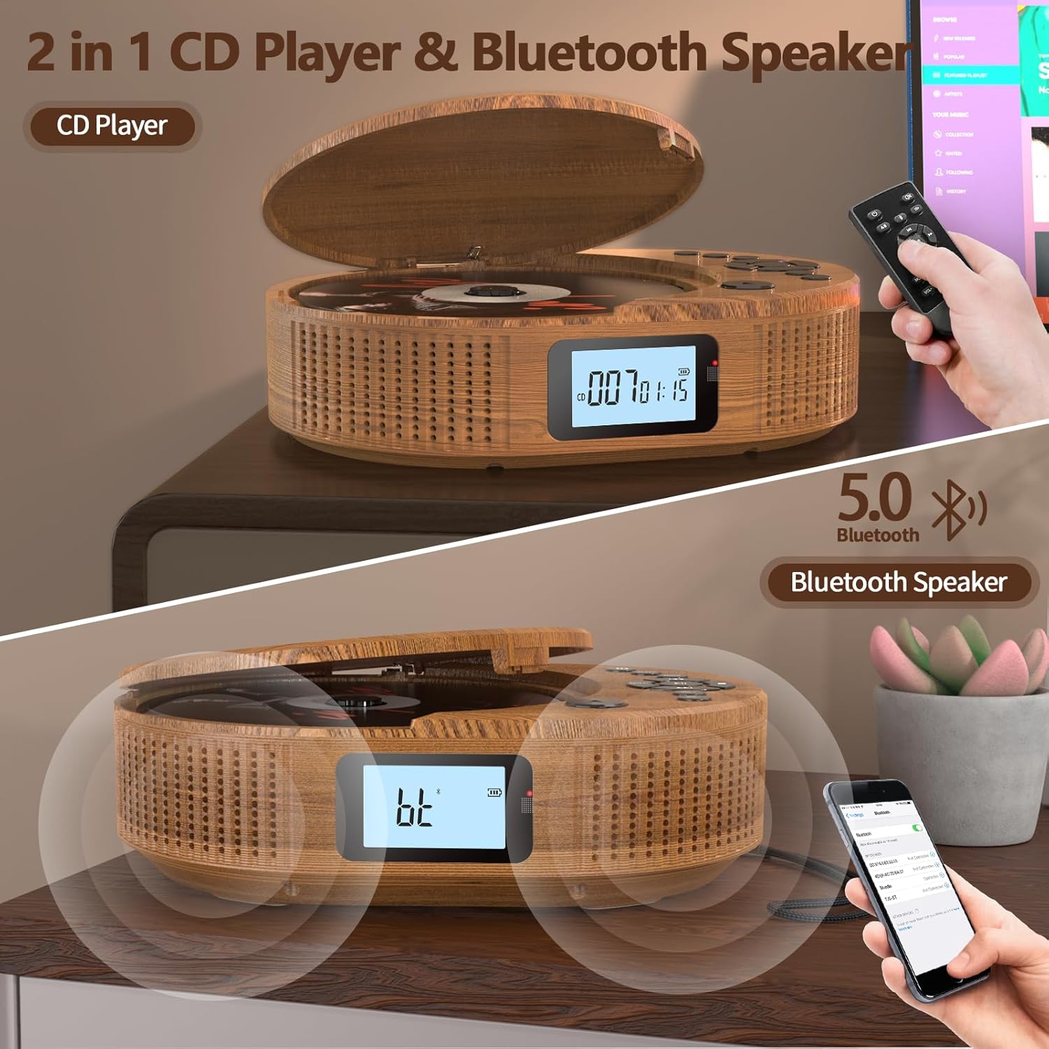 Detalle 2 de Lecteur CD Boombox 2-en-1 Bluetooth rechargeable avec radio FM et haut-parleur (télécommande, AUX/USB, prise casque)