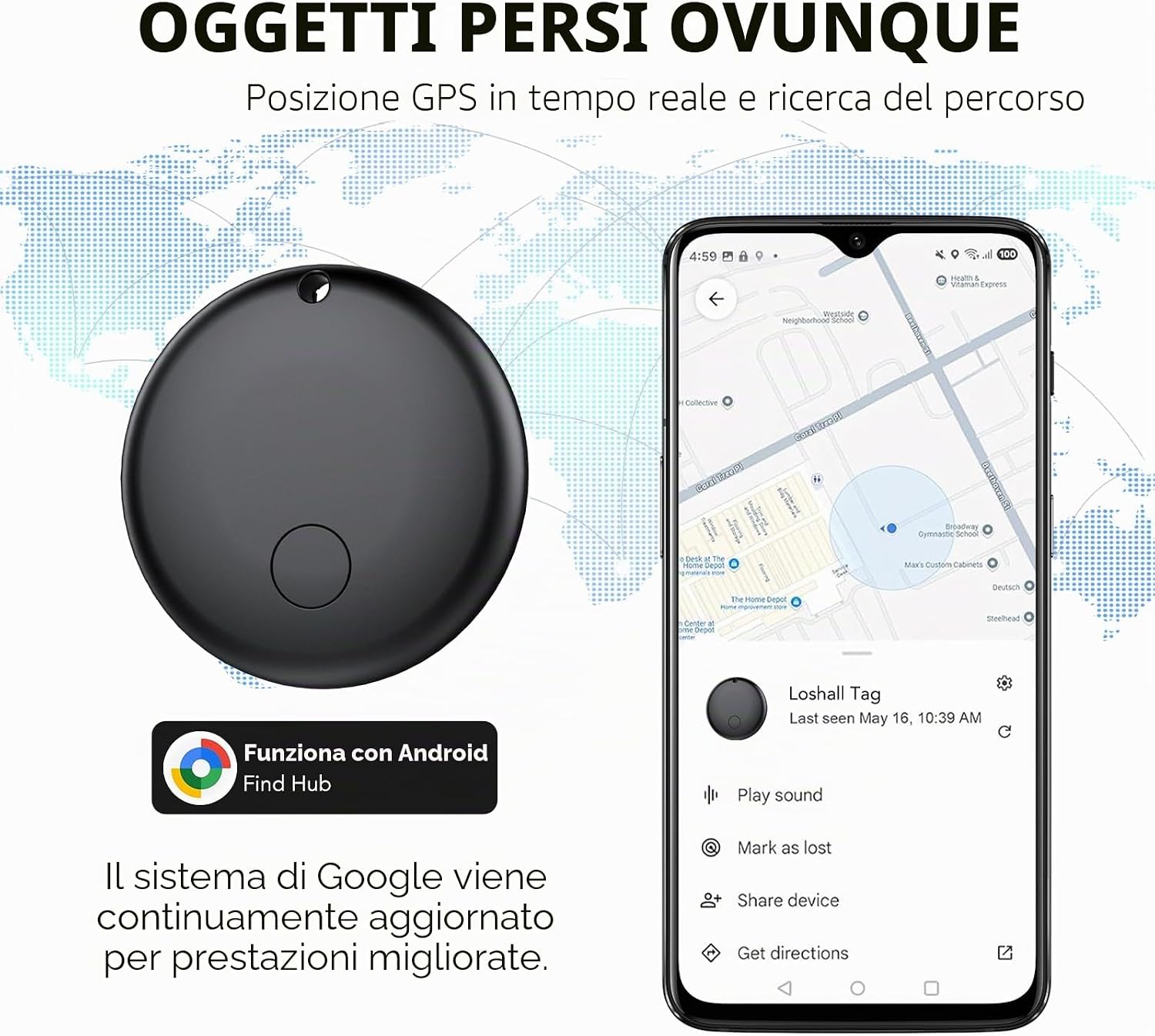 Detalle de Android Smart Tag di Ajblg: Tracker Bluetooth IP68 con Find Hub di Google, impermeabile e batteria CR2032 sostituibile