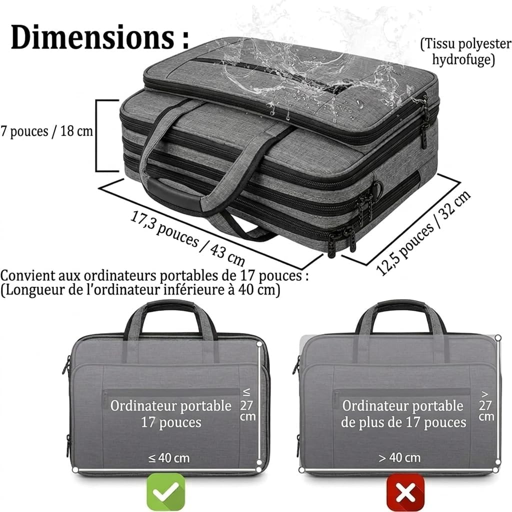 Thumbnail 2 de Mancro Sacoche ordinateur portable 17 pouces extensible, étanche et multifonctionnelle (gris)