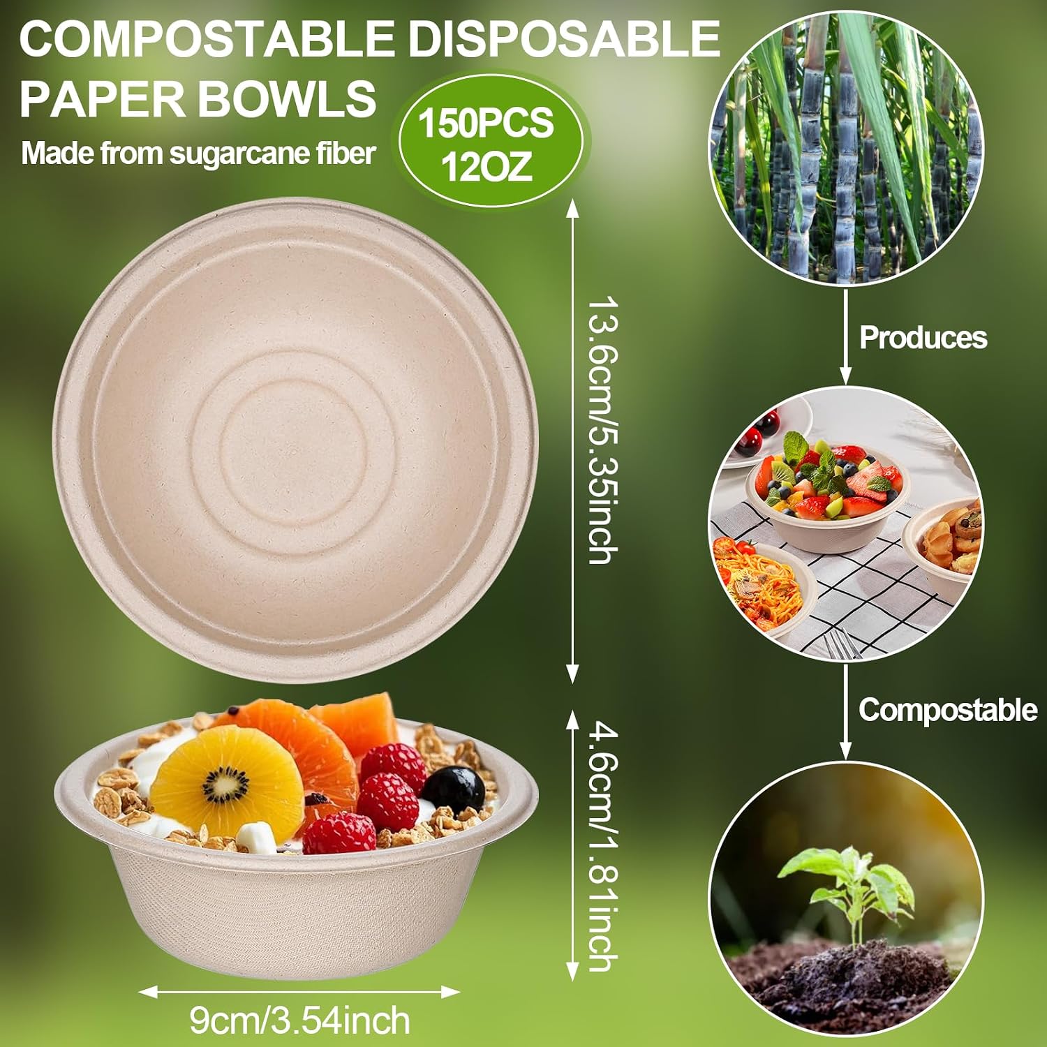 Detalle de DI QIU REN 12 oz Compostable Bagasse Bowls, Brown, 150-Pack