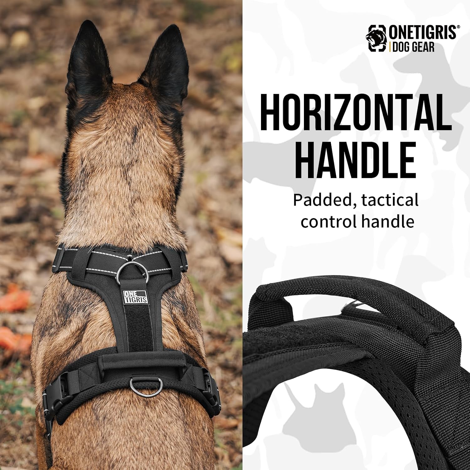 Detalle de Onetigris Diesel large dog harness with no-pull control, reflective trim and adjustable fit (Black, L)