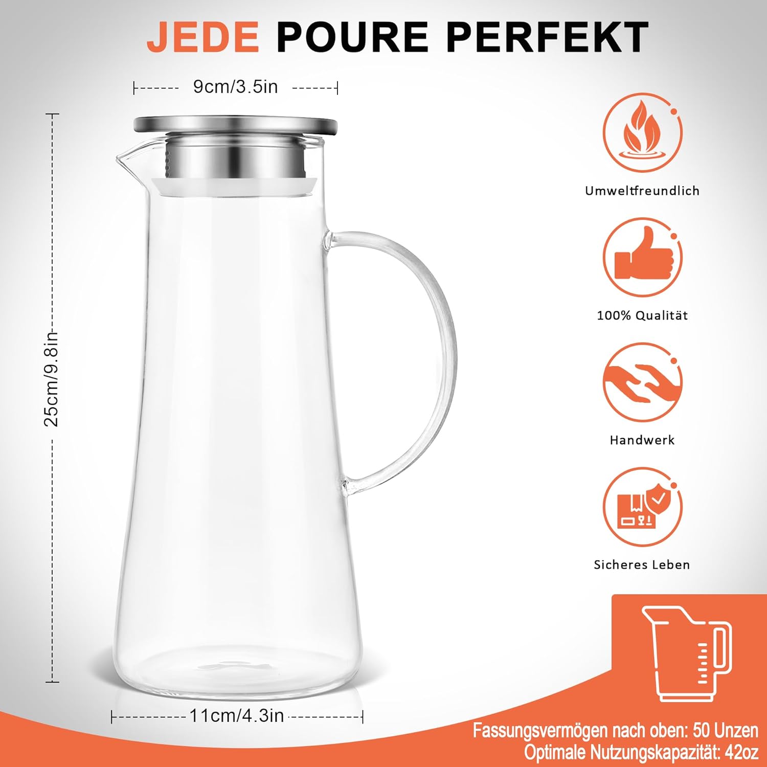 Thumbnail 3 de SUSTEAS 1,5-Liter-Glaskaraffe mit Deckel – Borosilikatglas für heißes & kaltes Wasser, Tee, Saft & mehr