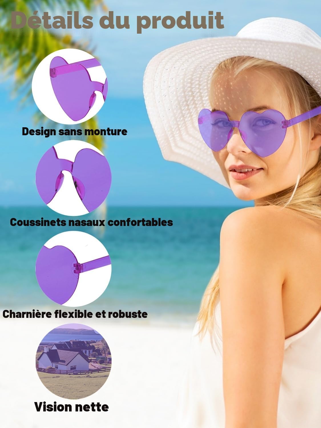 Detalle de BIRDDIE Lot de Lunettes de Soleil Coloré Sans Monture — Coeur, Plastique Hippie Transparente (12/24/36)