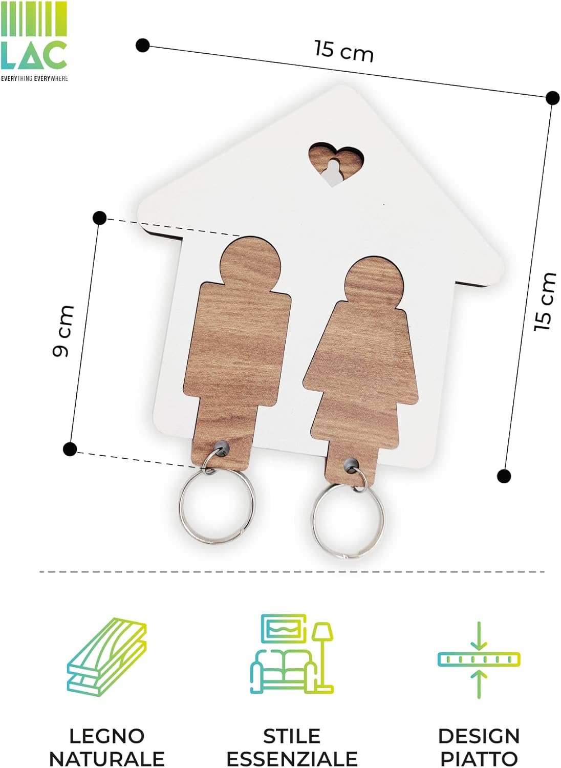 Detalle de LAC EVERYTHING EVERYWHERE Portachiavi coppia in legno “casetta” Lui e Lei 16×15 (Bianco/Marrone)