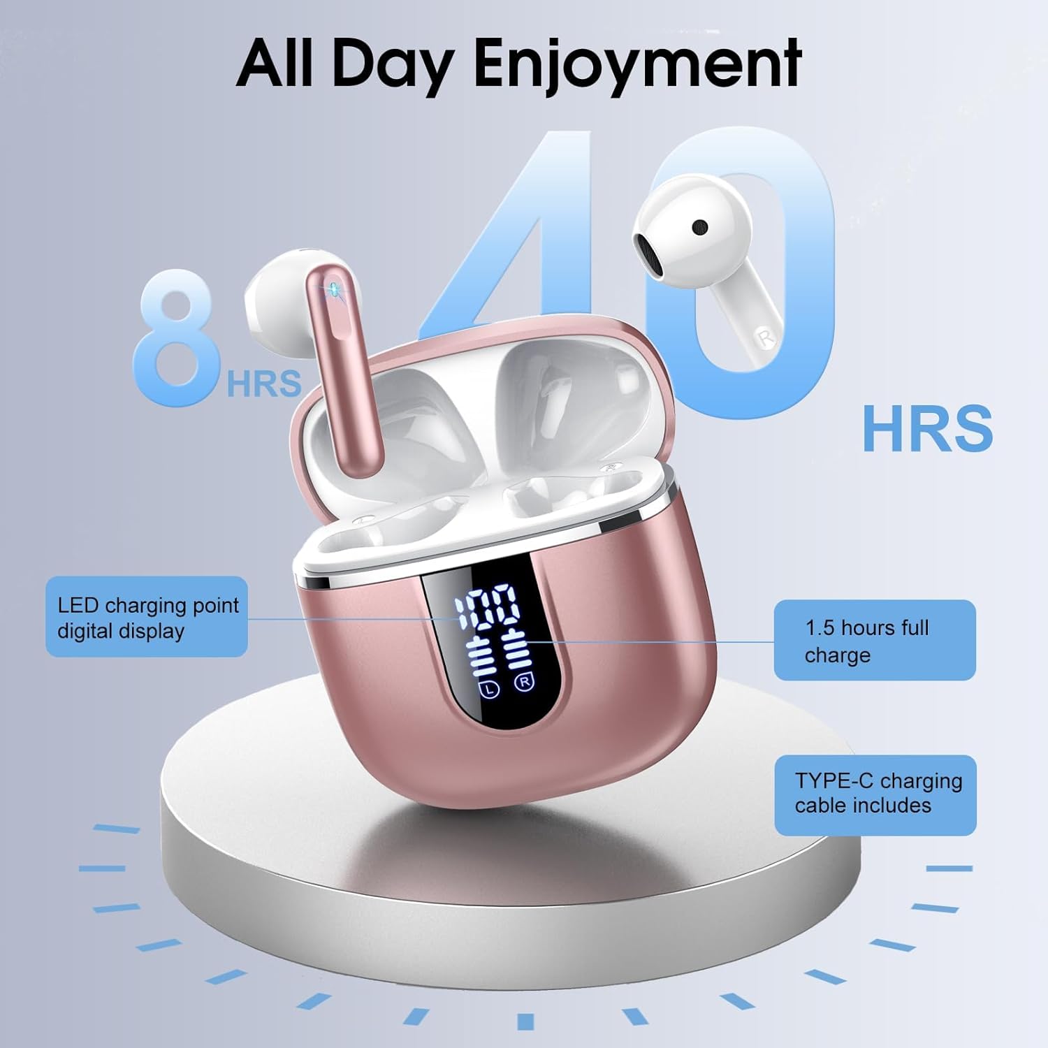Thumbnail 3 de Bluetooth Kopfhörer 5.4 In Ear mit ENC Mikrofonen, IPX7 Wasserfest, LED Lade-Case, 40 Std. Laufzeit – Roségold