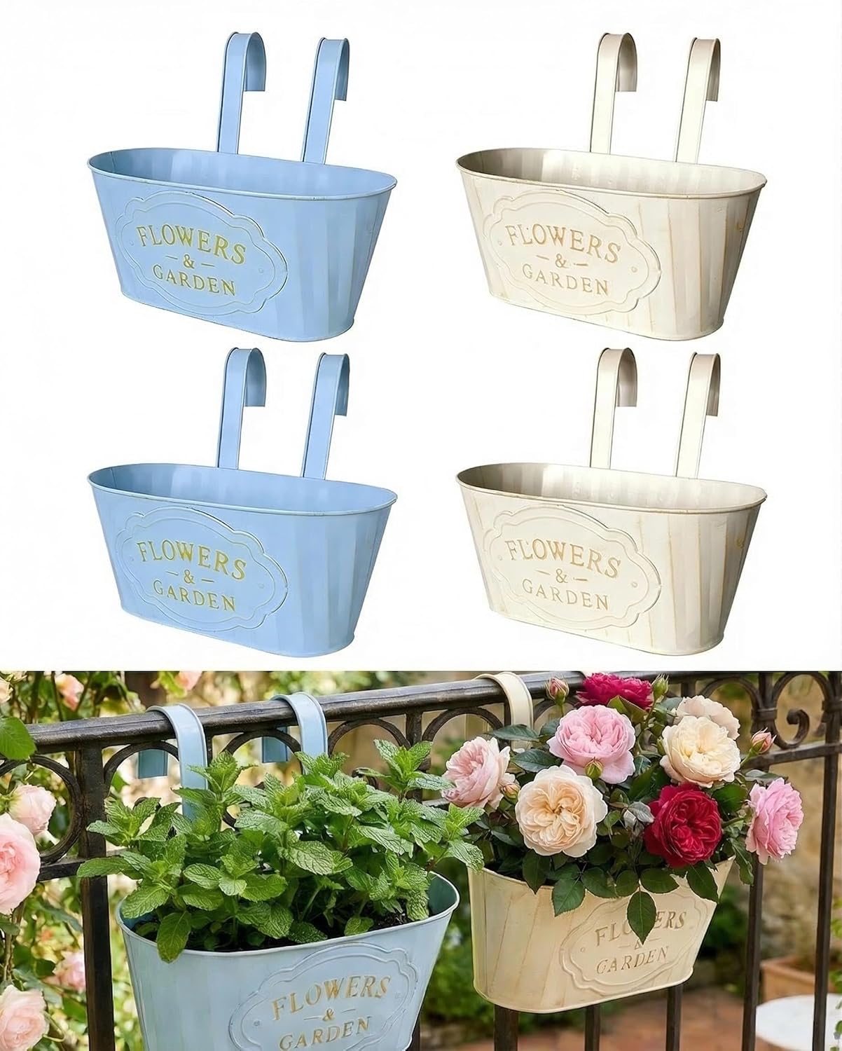 4 Pack Retro Style Galvanised Iron Hanging Flower Pots with Detachable Hooks (Milk Blue & Milk Yellow)