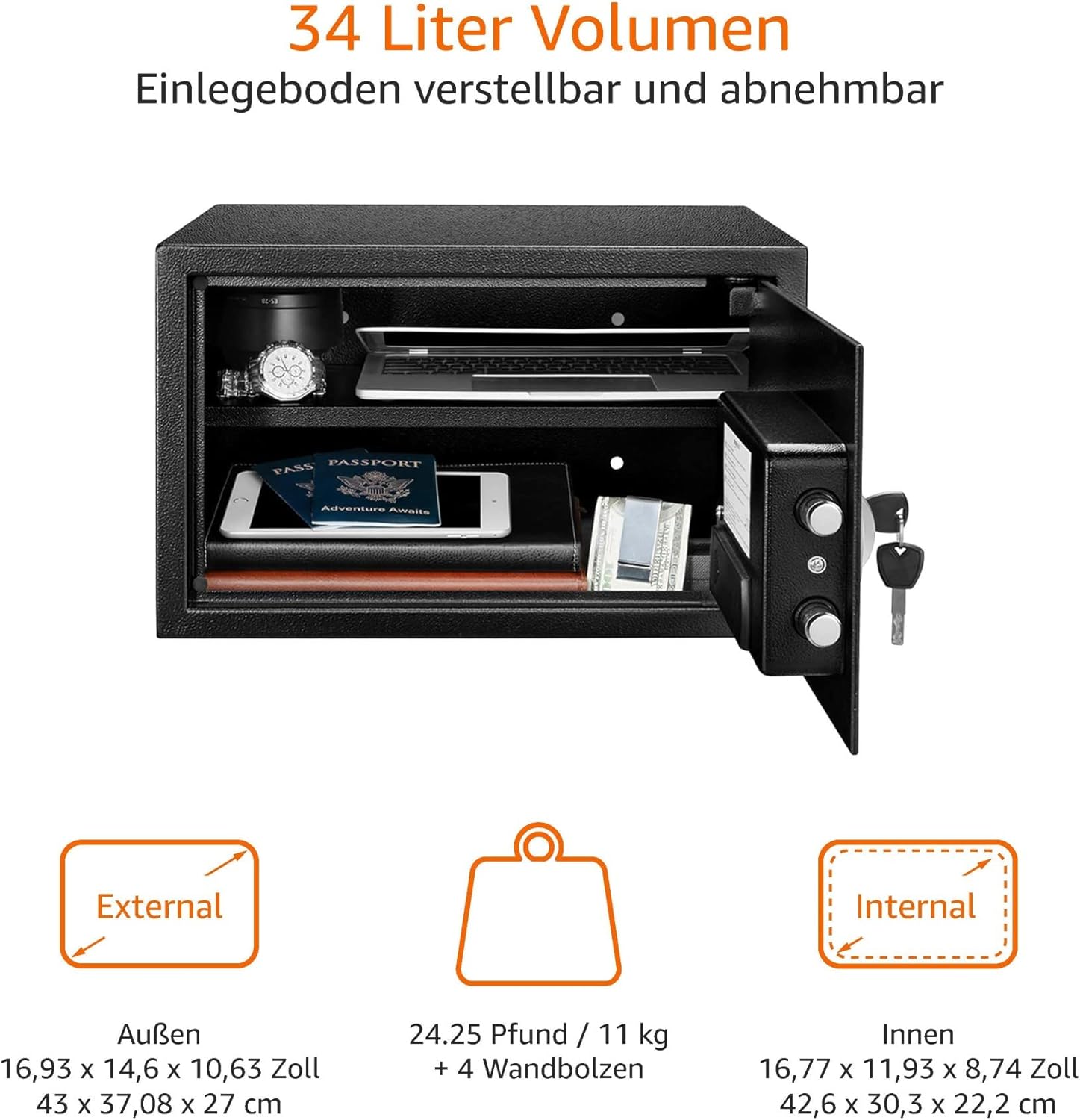 Detalle de Amazon Basics Tresor aus Stahl 34 l – Sicherer Aufbewahrungsort für Bargeld, Schmuck und Papiere