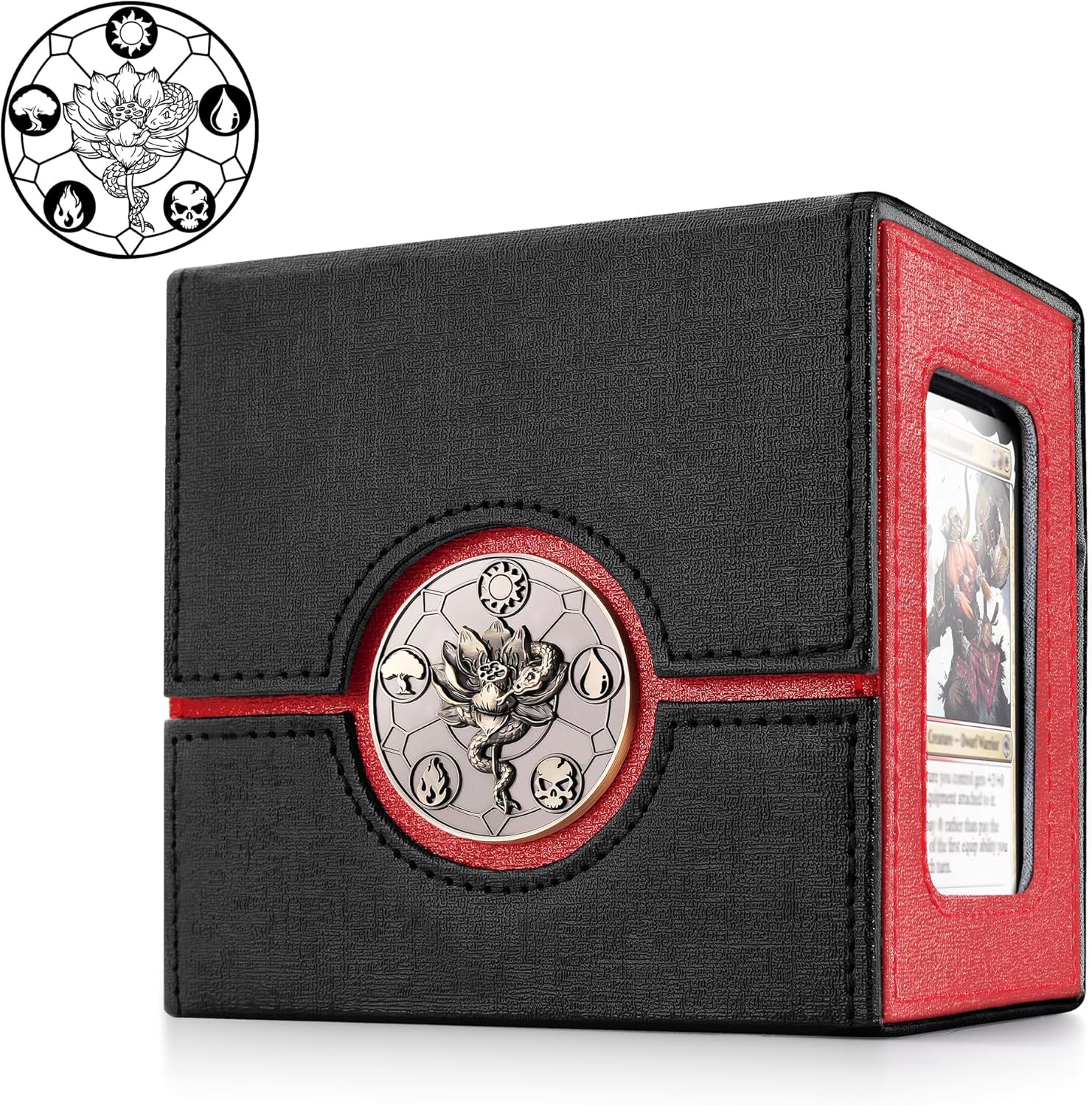 Detalle 2 de Kabinka Commander Deck Box for MTG with Dice Tray – 100+ Cards, Metal Emblem, and Hidden 35pt Magnetic Card Holder