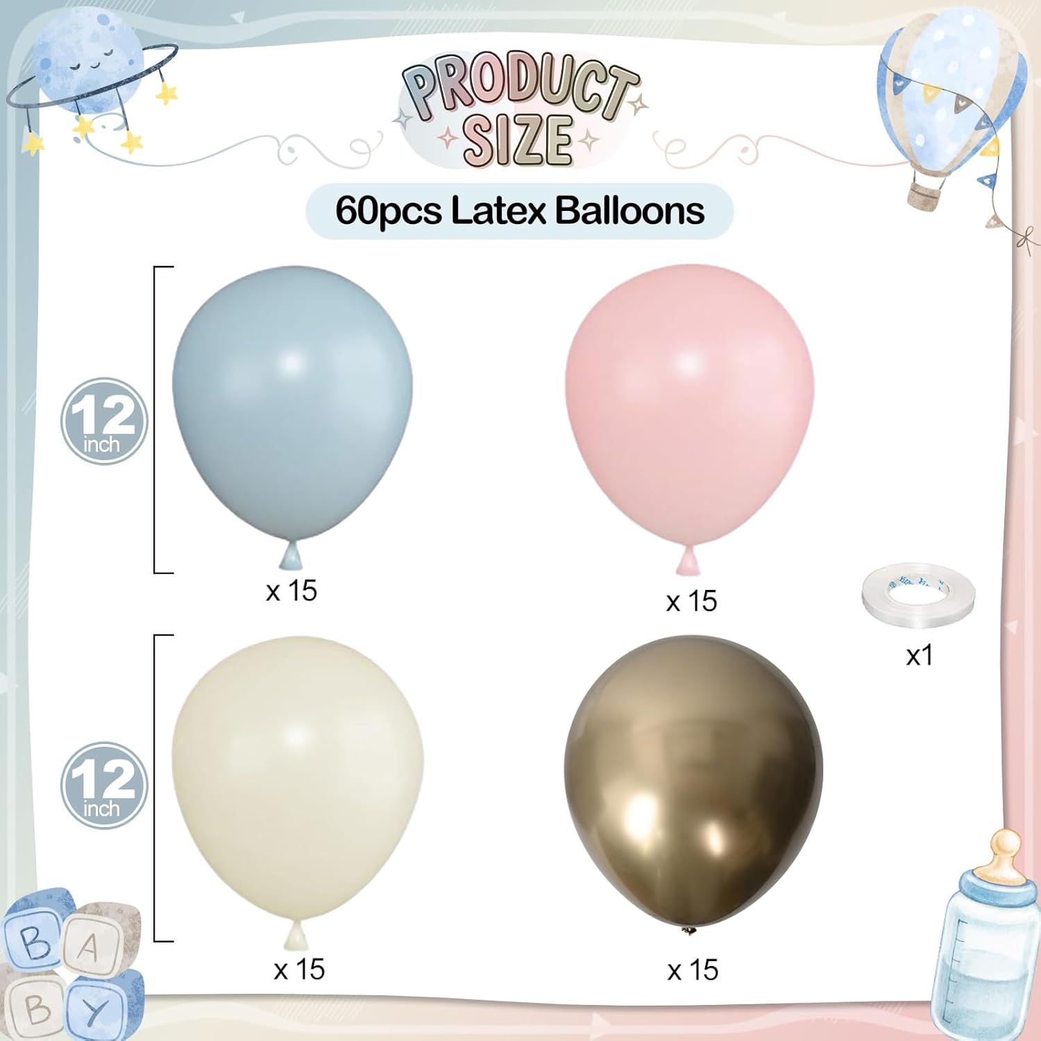 Thumbnail 1 de Gender Reveal Balloons 60-Piece Set (12-Inch) in Dusty Pink, Fog Blue, Sand White & Chrome Gold