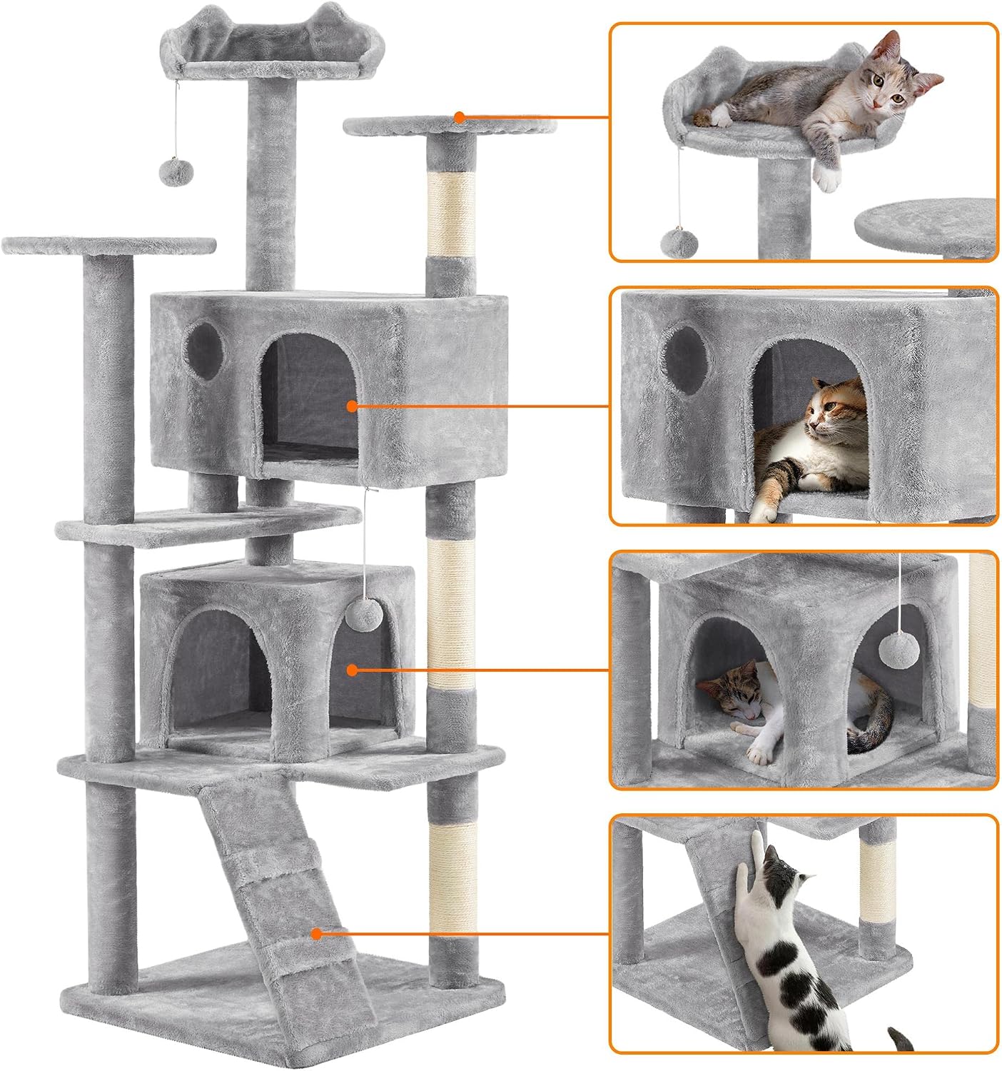 Detalle 2 de Yaheetech Large Cat Tree (178cm) with 2 Condos, Perched Platform and Scratching Posts – Light Grey