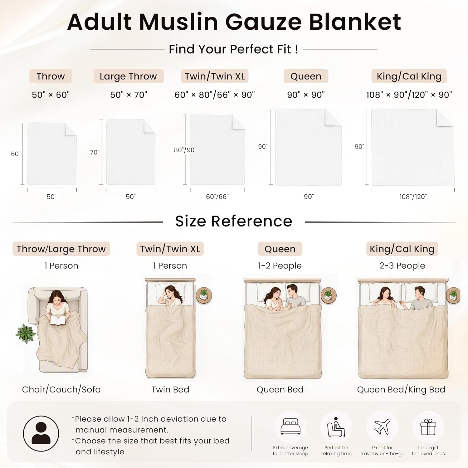 Detalle de Love's Cabin Cotton Muslin Throw Blanket, White