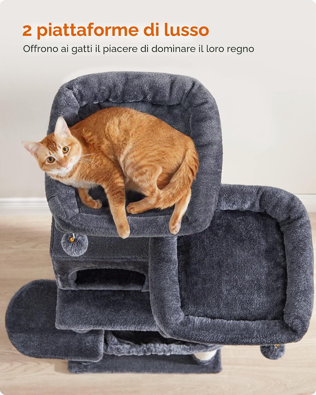 Detalle de Feandrea Albero per Gatti Alto 112 cm, Tiragraffi Multilivello con 11 Pali, 2 Posatoi, Grotta, Amaca e Pompon – Grigio Fumo